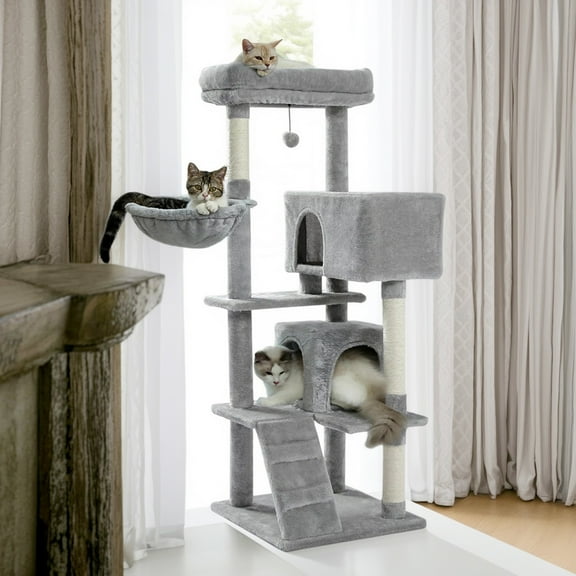 Demi Bonn 56" Cat Tree Tower for Indoor Cats, Cat Tree House for Multiple Cats with 2 Cozy Condos, Top Perch, Hammock, Climbing ladder and Dangling Ball, Dark Gray