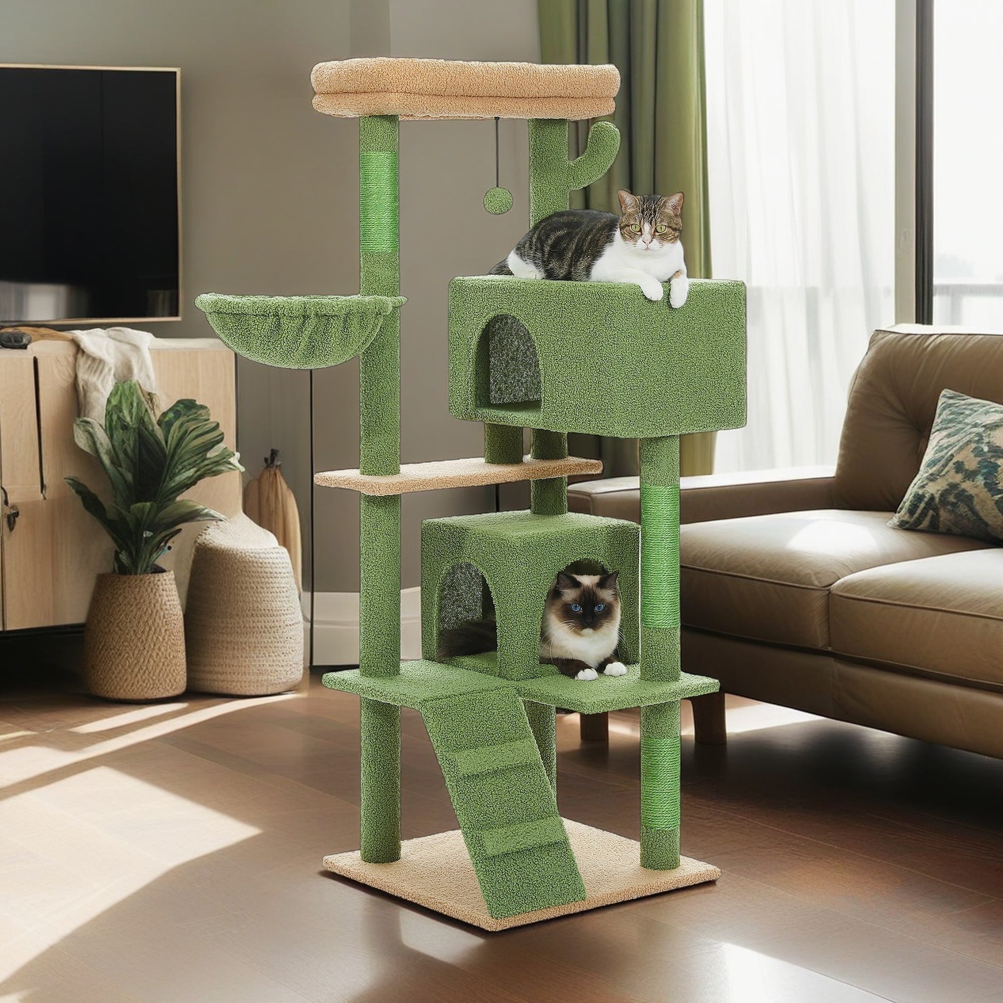 Kadyn 56" Cat Tree Tower for Indoor Cats, Cat Tree House for Multiple Cats with 2 Cozy Condos, Top Perch, Hammock, Climbing ladder and Dangling Ball, Dark Gray