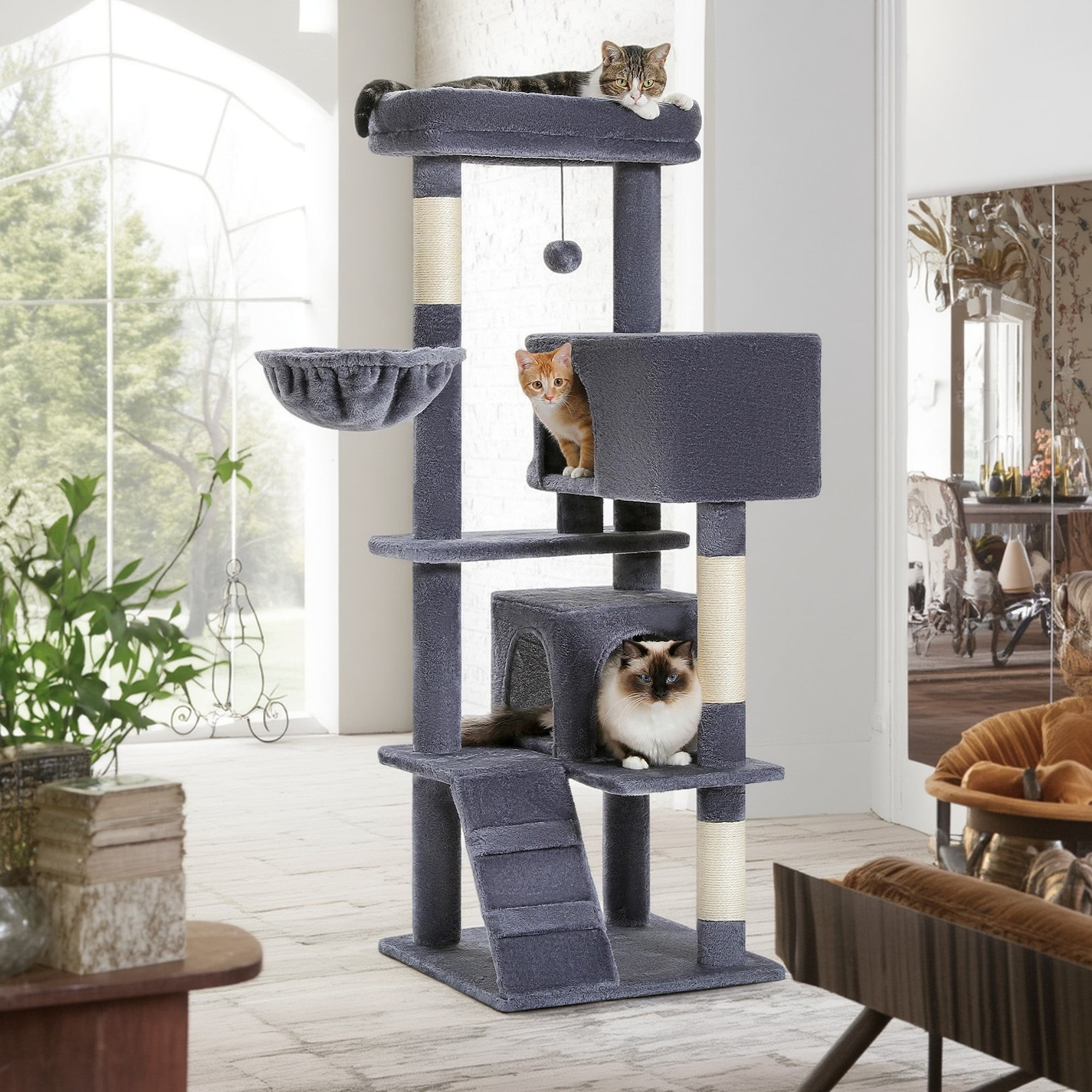Kadyn 56" Cat Tree Tower for Indoor Cats, Cat Tree House for Multiple Cats with 2 Cozy Condos, Top Perch, Hammock, Climbing ladder and Dangling Ball, Dark Gray