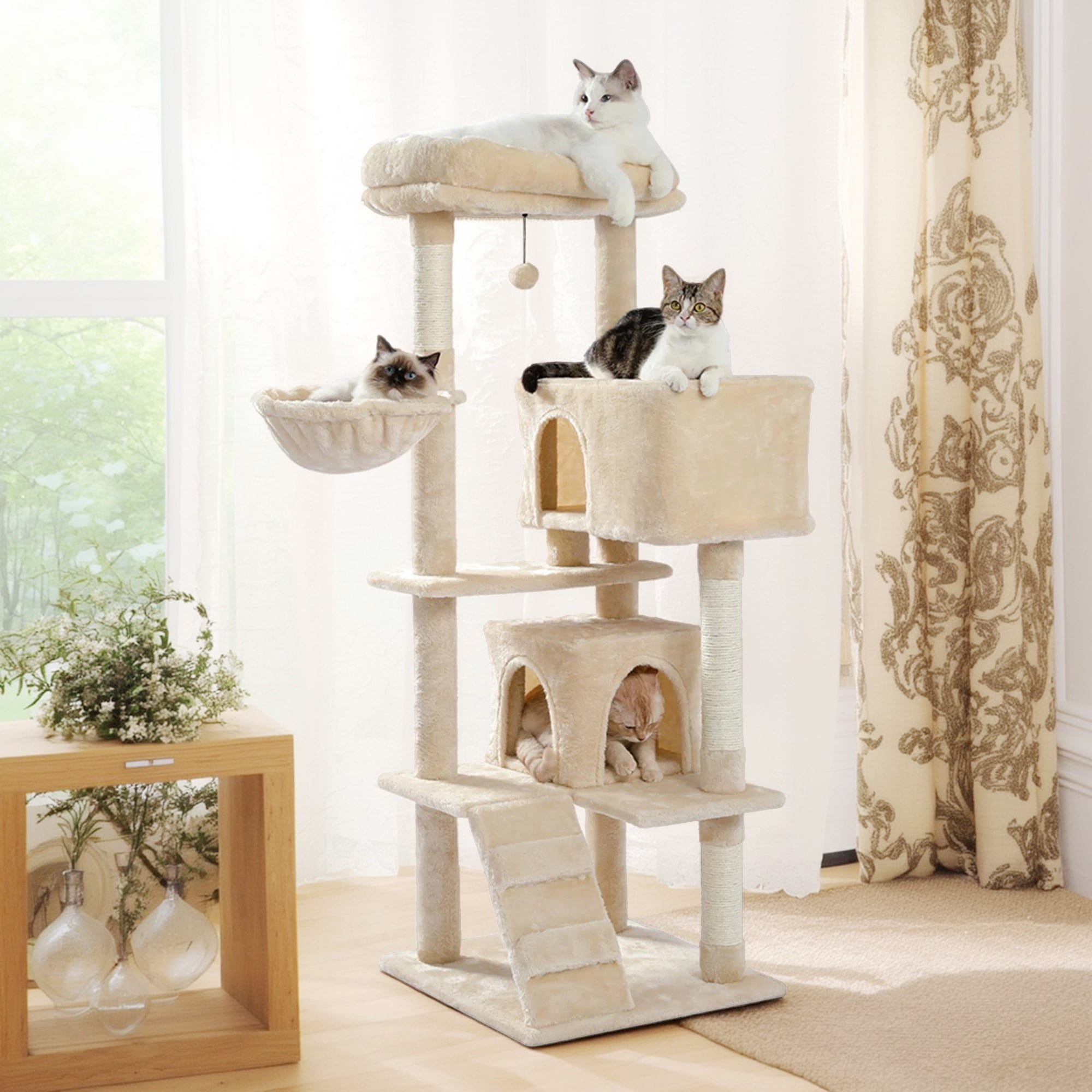 Kadyn 56" Cat Tree Tower for Indoor Cats, Cat Tree House for Multiple Cats with 2 Cozy Condos, Top Perch, Hammock, Climbing ladder and Dangling Ball, Dark Gray