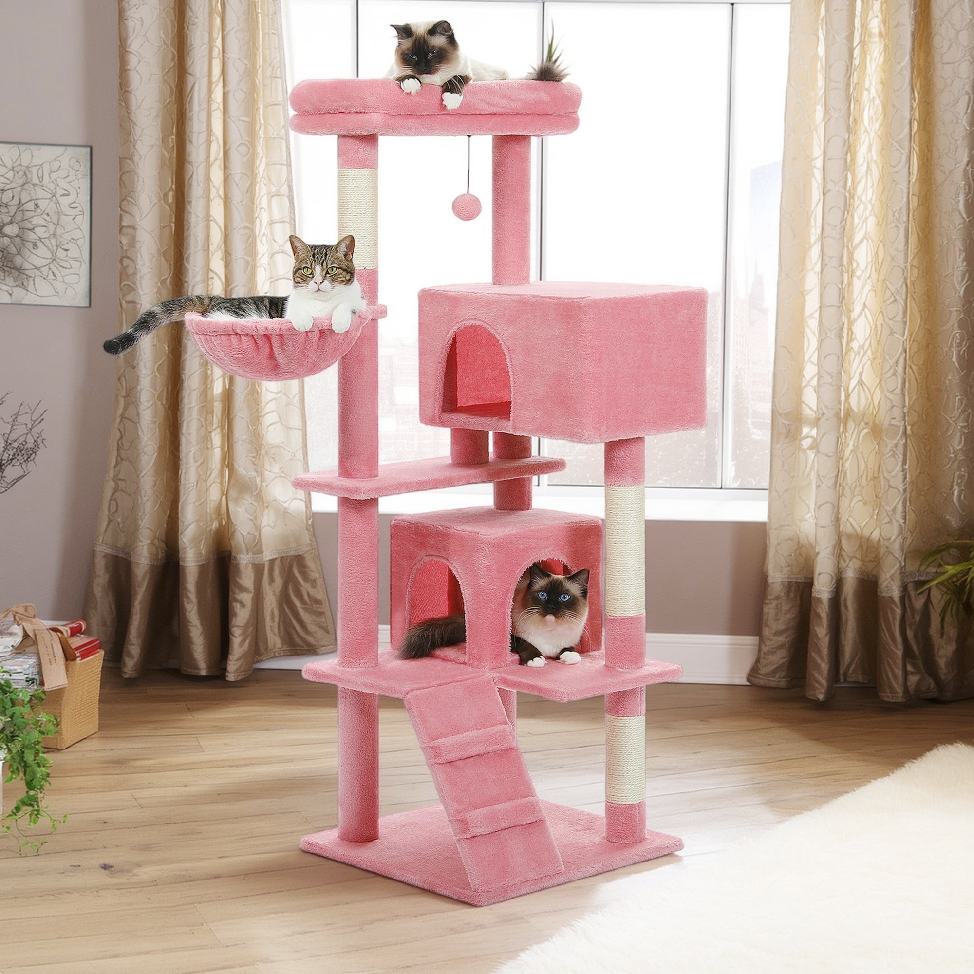 Kadyn 56" Cat Tree Tower for Indoor Cats, Cat Tree House for Multiple Cats with 2 Cozy Condos, Top Perch, Hammock, Climbing ladder and Dangling Ball, Dark Gray