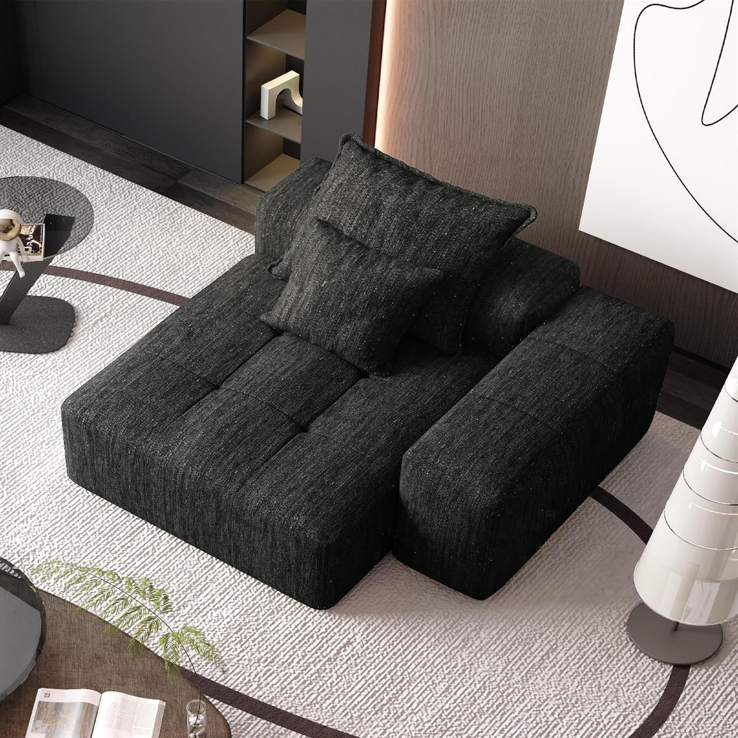 Demi Bonn 56" Modern Oversized Modular Sectional Sofa for Living Room, Chenille Fabric Couch with Cushion, 2 Plush Pillows, No Assembly Needed, Black