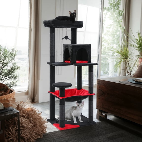 Demi Bonn 56" Multi-Level Cat Tree Tower for Indoor Cats with Sisal Scratching Posts, Cozy Cat Condo, Large Hammock and Plush Perches Cat Tree House for Large Cats, Black