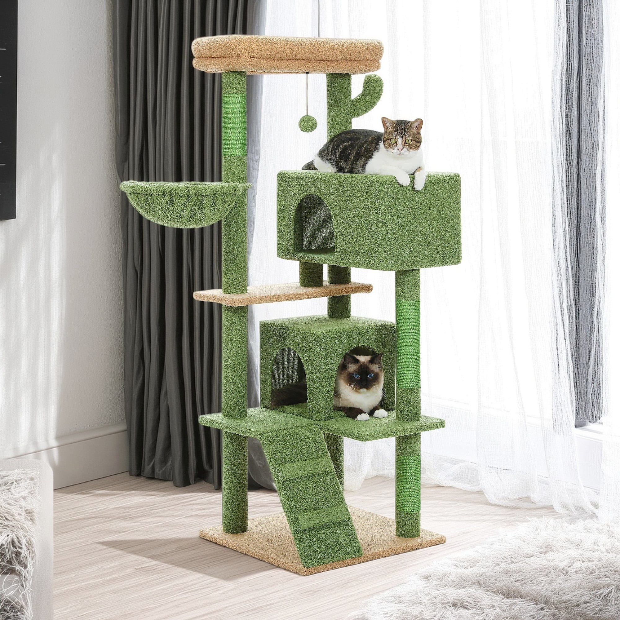 Kadyn 56" Multi-Level Cat Tree Tower for Large Cats with Top Perch, Hammock, Climbing Ladder and 2 Condos, Cat Tree House for Multiple Cats, Dark Gray
