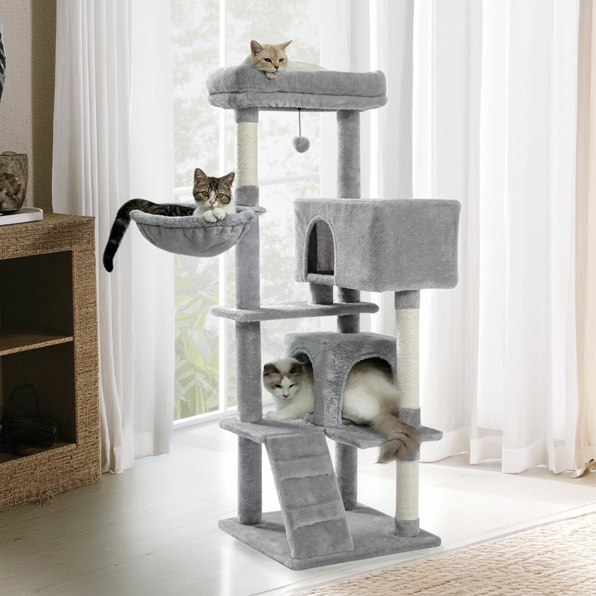 resenkos 56" Multi-Level Cat Tree Tower for Large Cats with Top Perch, Hammock, Climbing Ladder and 2 Condos, Cat Tree House for Multiple Cats, Dark Gray