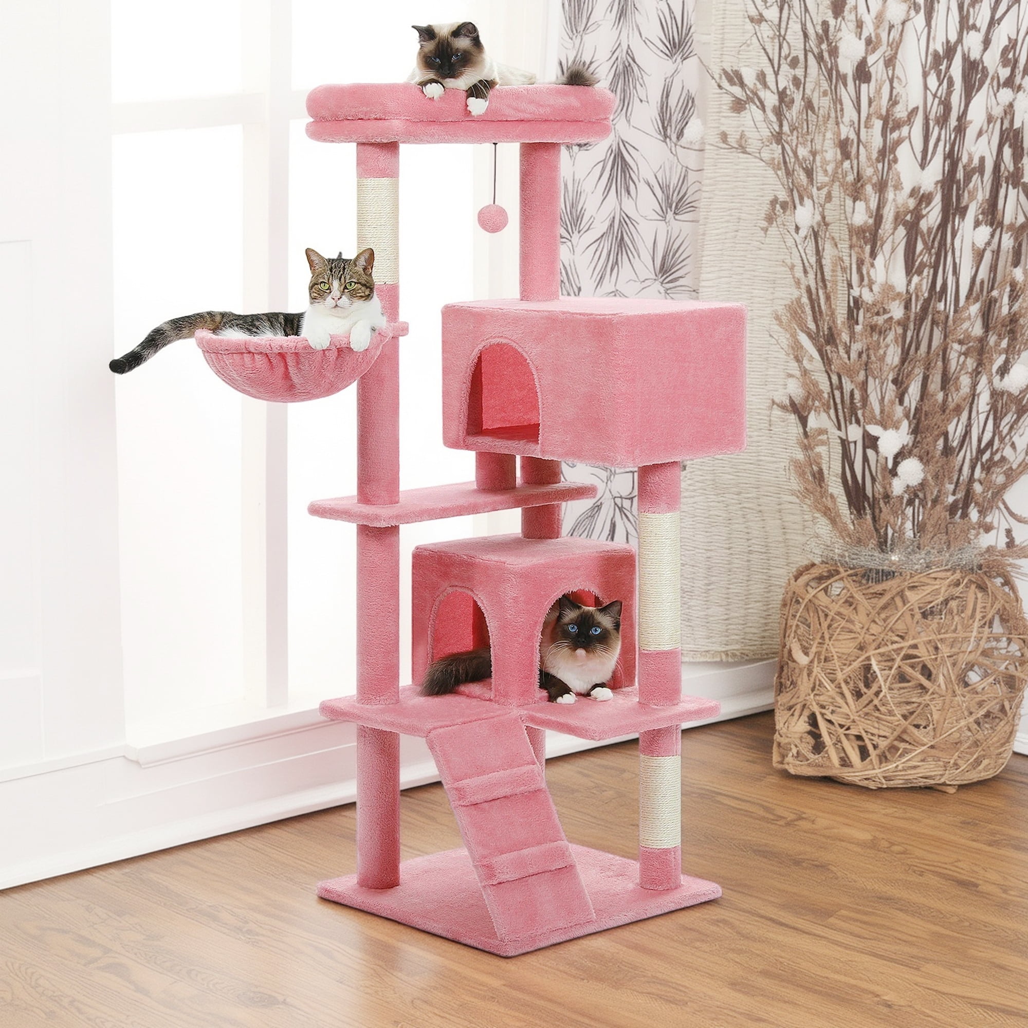Kadyn 56" Multi-Level Cat Tree Tower for Large Cats with Top Perch, Hammock, Climbing Ladder and 2 Condos, Cat Tree House for Multiple Cats, Dark Gray