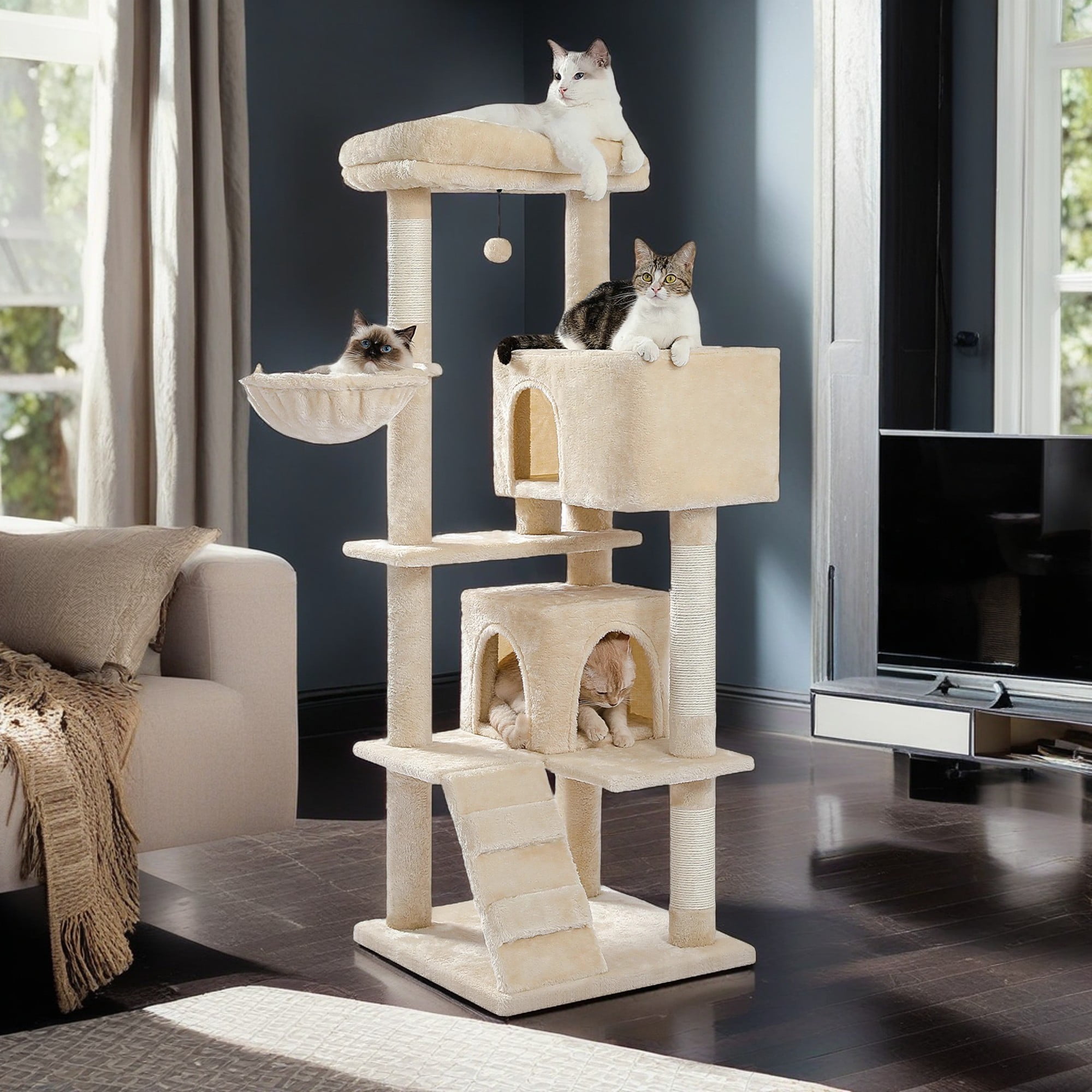 Kadyn 56" Multi-Level Cat Tree Tower for Large Cats with Top Perch, Hammock, Climbing Ladder and 2 Condos, Cat Tree House for Multiple Cats, Dark Gray