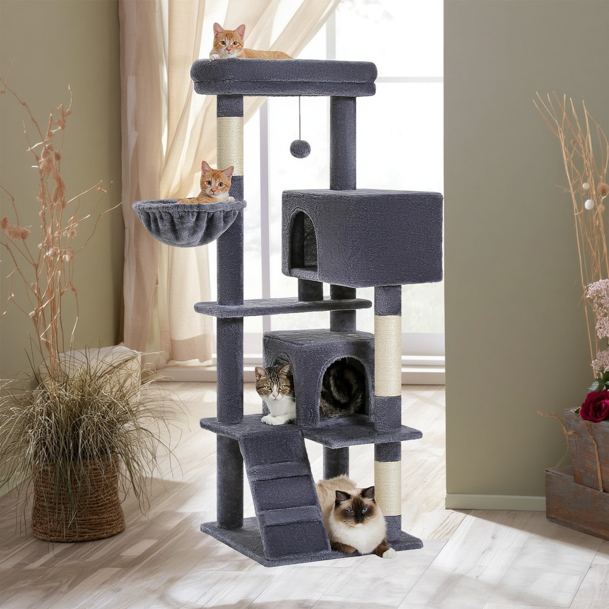 resenkos 56" Multi-Level Cat Tree Tower for Large Cats with Top Perch, Hammock, Climbing Ladder and 2 Condos, Cat Tree House for Multiple Cats, Dark Gray