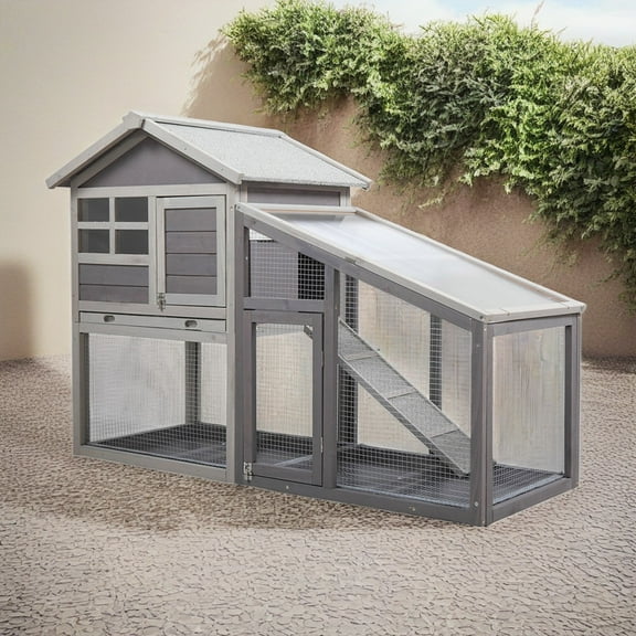 Demi Bonn 56" Rabbit Hutch Outdoor, Indoor Rabbit Cage with Tray, Wood Bunny House, 2-Story Chicken Coops with Run, Gray