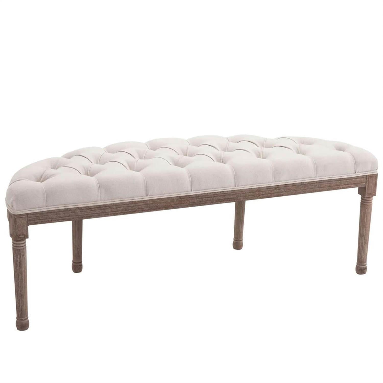 Demi Bonn 56" Upholstered Semi-Circle Bed Bench with Tufted Design, Rubberwood Legs, Bedroom Entryway Bench for Living Room, Home Decor, White