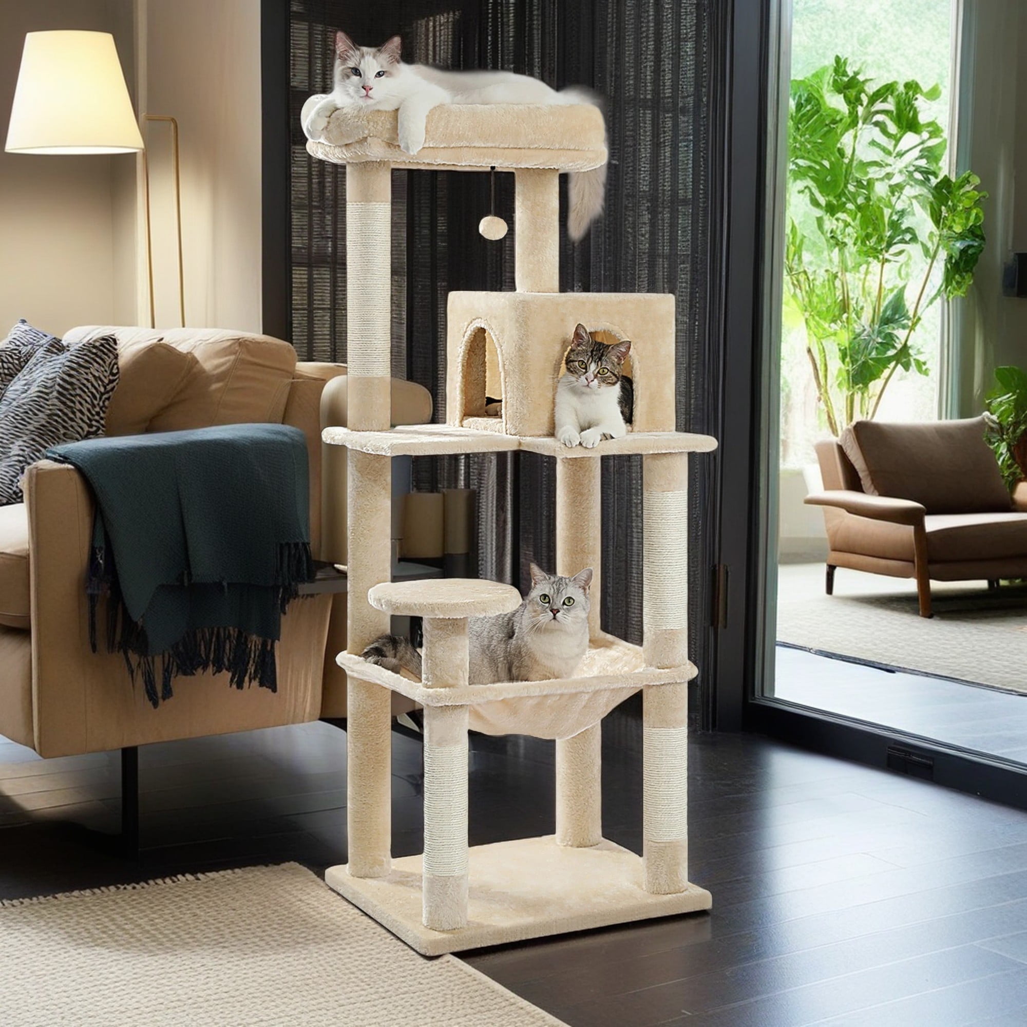 resenkos 56" Wood Cat Tree Tower for Large Cats, Cat Tree House for Indoor Cats with Cozy Cat Condo, Super Large Hammock and Plush Perches, Dark Gray