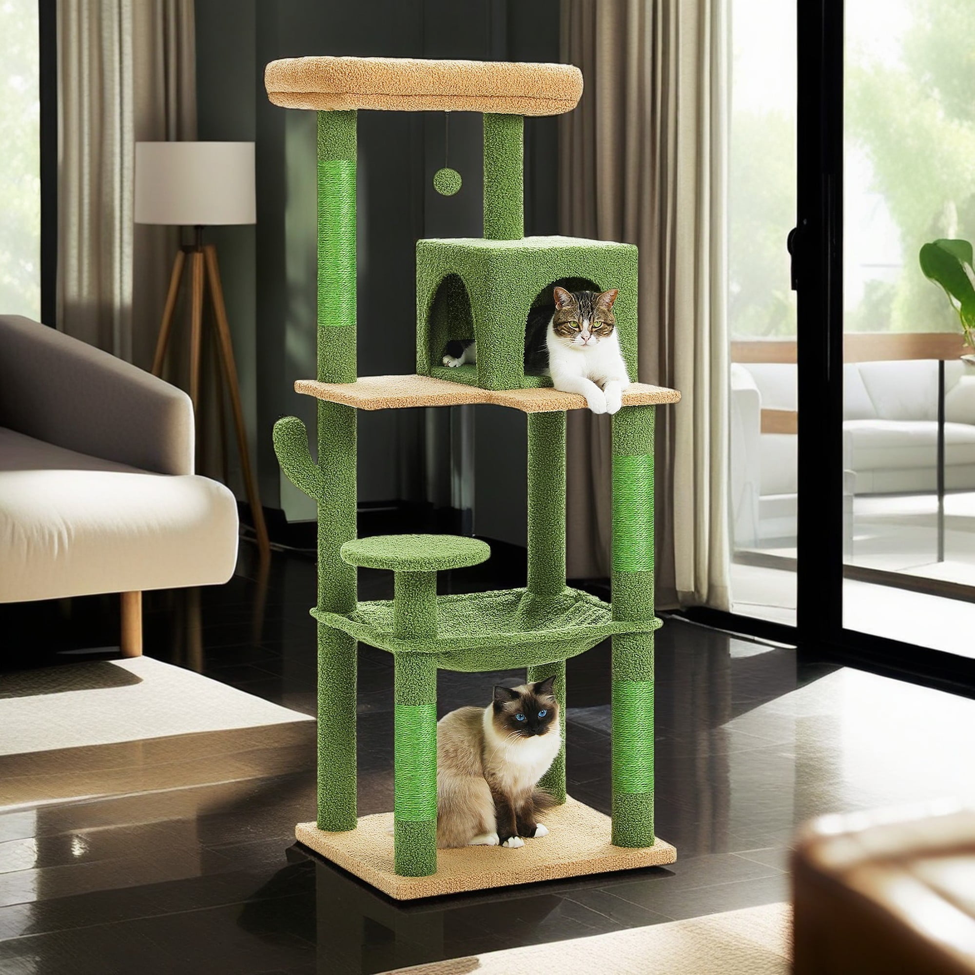 Kadyn 56" Wood Cat Tree Tower for Large Cats, Cat Tree House for Indoor Cats with Cozy Cat Condo, Super Large Hammock and Plush Perches, Dark Gray