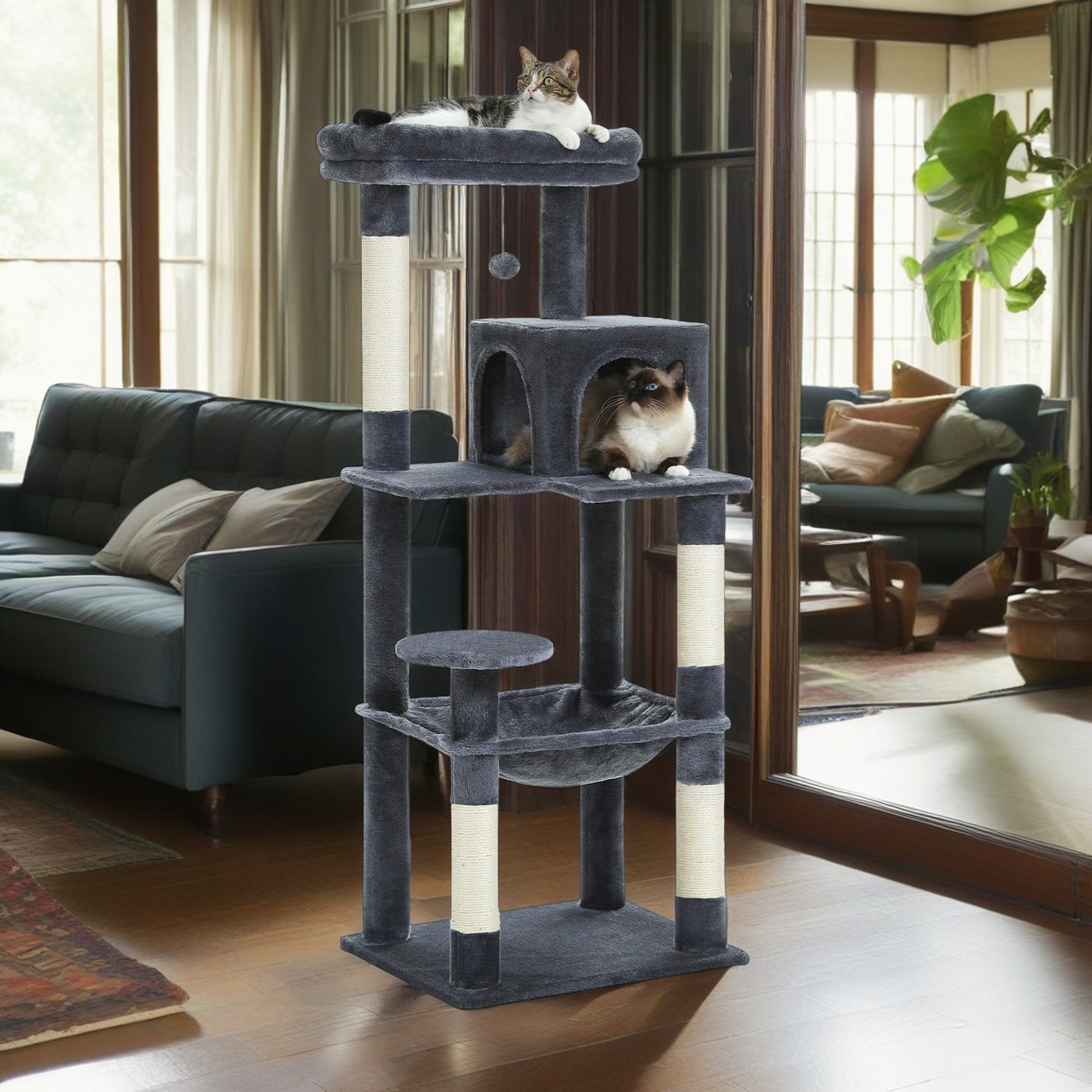 Kadyn 56" Wood Cat Tree Tower for Large Cats, Cat Tree House for Indoor Cats with Cozy Cat Condo, Super Large Hammock and Plush Perches, Dark Gray