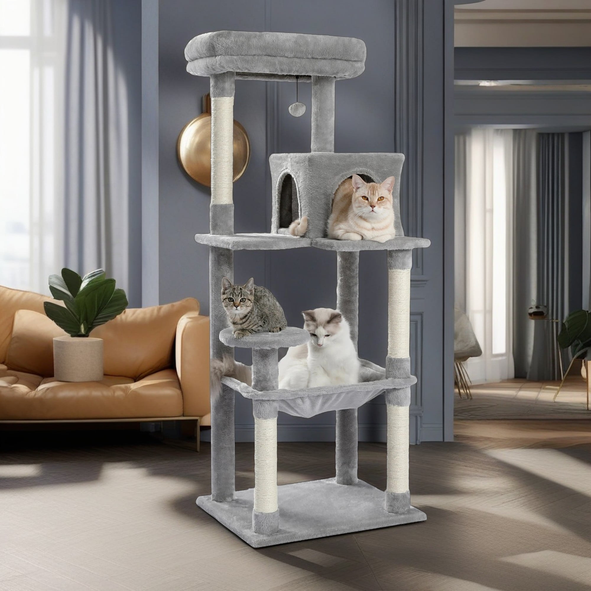 resenkos 56" Wood Cat Tree Tower for Large Cats, Cat Tree House for Indoor Cats with Cozy Cat Condo, Super Large Hammock and Plush Perches, Dark Gray