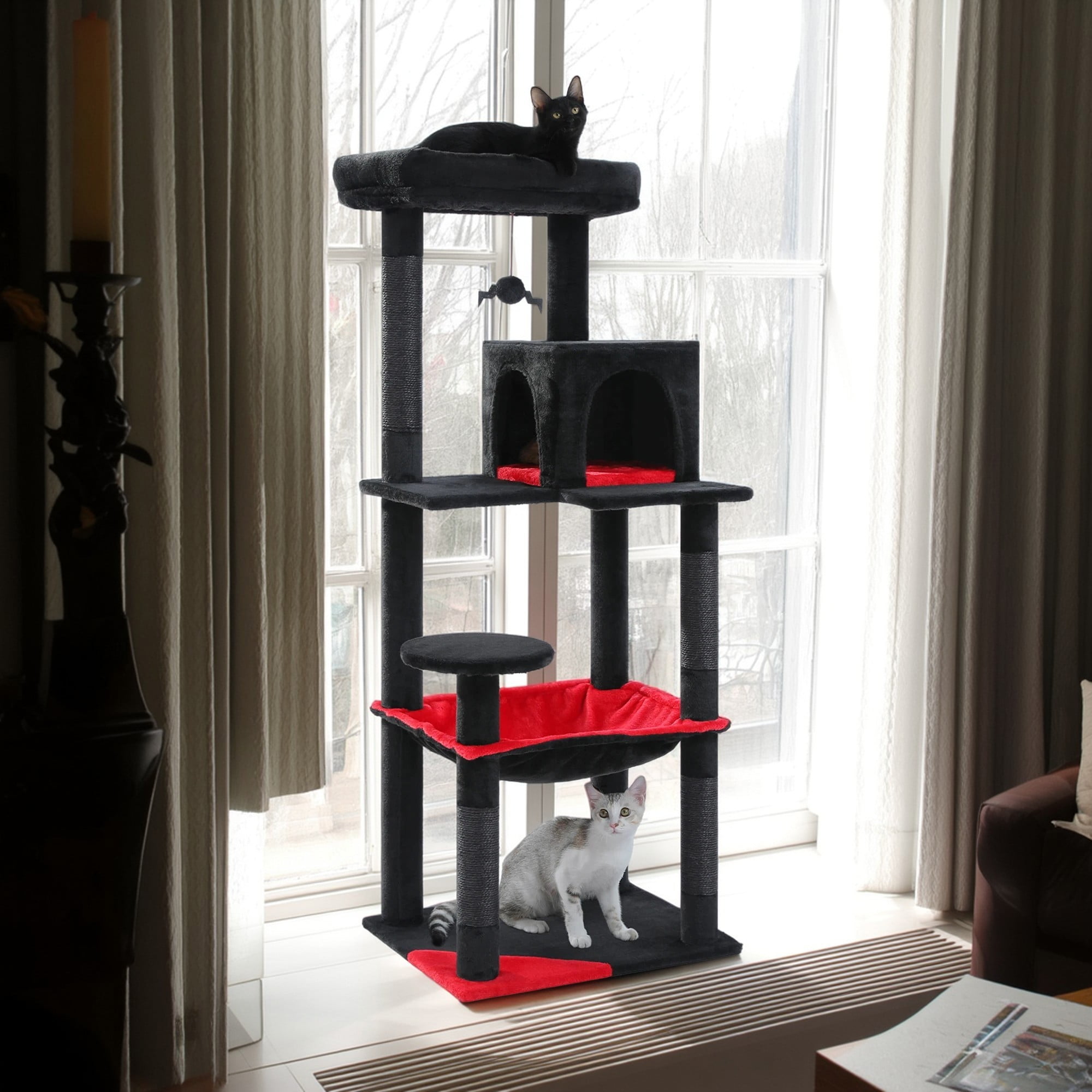 Kadyn 56" Wood Cat Tree Tower for Large Cats, Cat Tree House for Indoor Cats with Cozy Cat Condo, Super Large Hammock and Plush Perches, Black