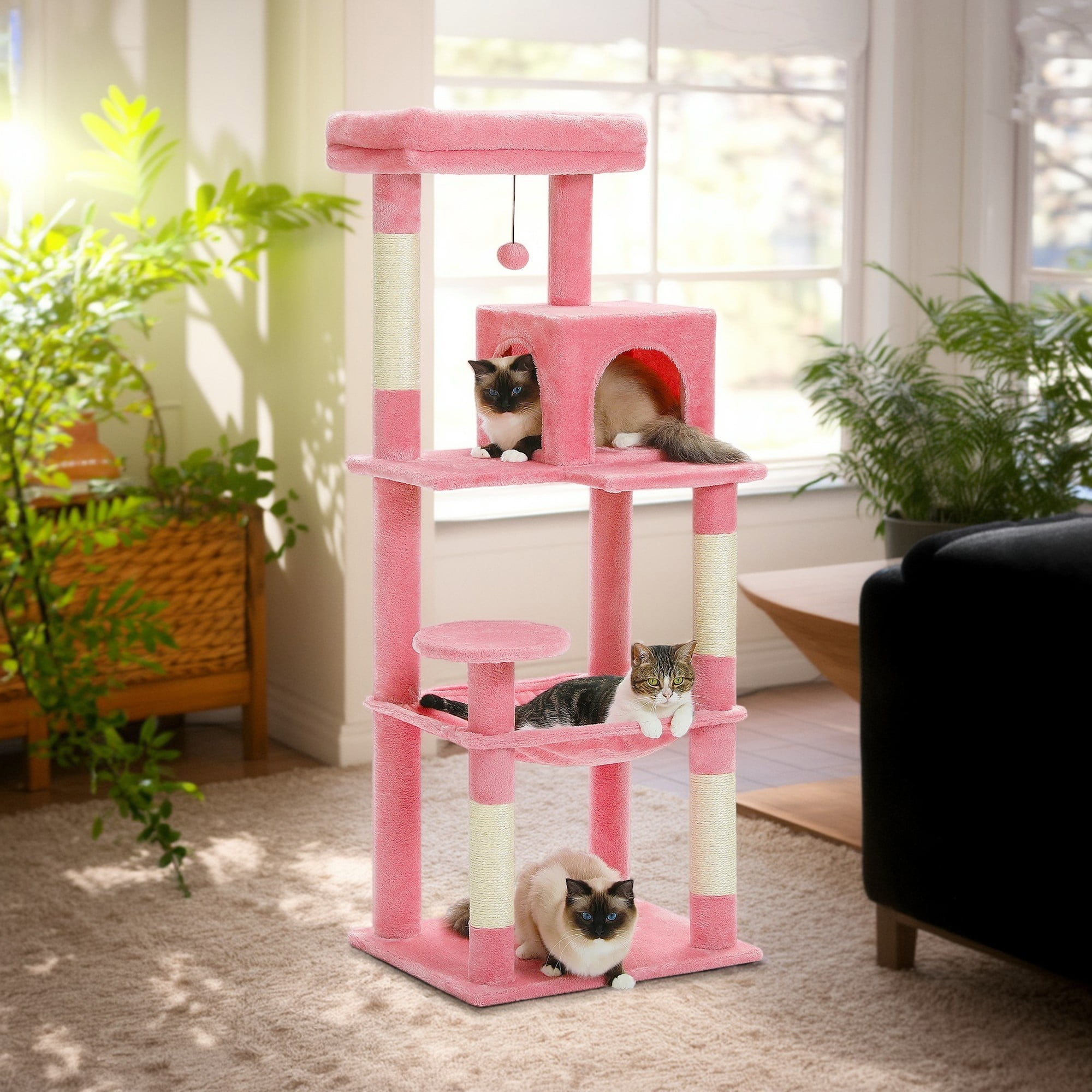 Kadyn 56" Wood Cat Tree Tower for Large Cats, Cat Tree House for Indoor Cats with Cozy Cat Condo, Super Large Hammock and Plush Perches, Pink