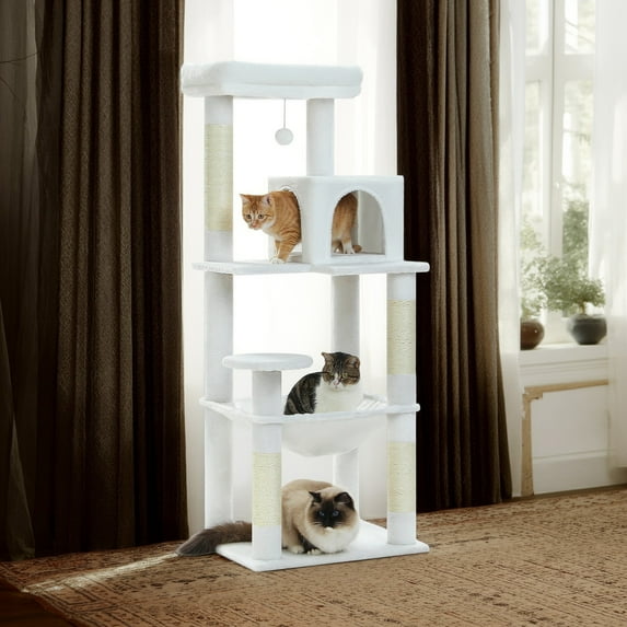 Demi Bonn 56" Wood Cat Tree Tower for Large Cats, Cat Tree House for Indoor Cats with Cozy Cat Condo, Super Large Hammock and Plush Perches, White