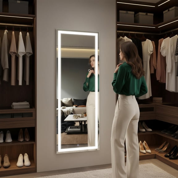 Demi Bonn 56x18 Inch Frameless LED Full-Length Mirror, Black Tempered Glass, Heavy-Duty Back Frame, 50,000-Hour LED, Distortion-Free Reflection