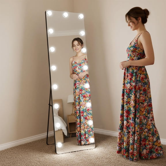 Demi Bonn 56x18 Inch Hollywood LED Full-Length Mirror, White Frame, Unbreakable Tempered Glass, Anti-Desilvering, 50,000-Hour Bulbs, Touch Color Temp, Multi-Mount