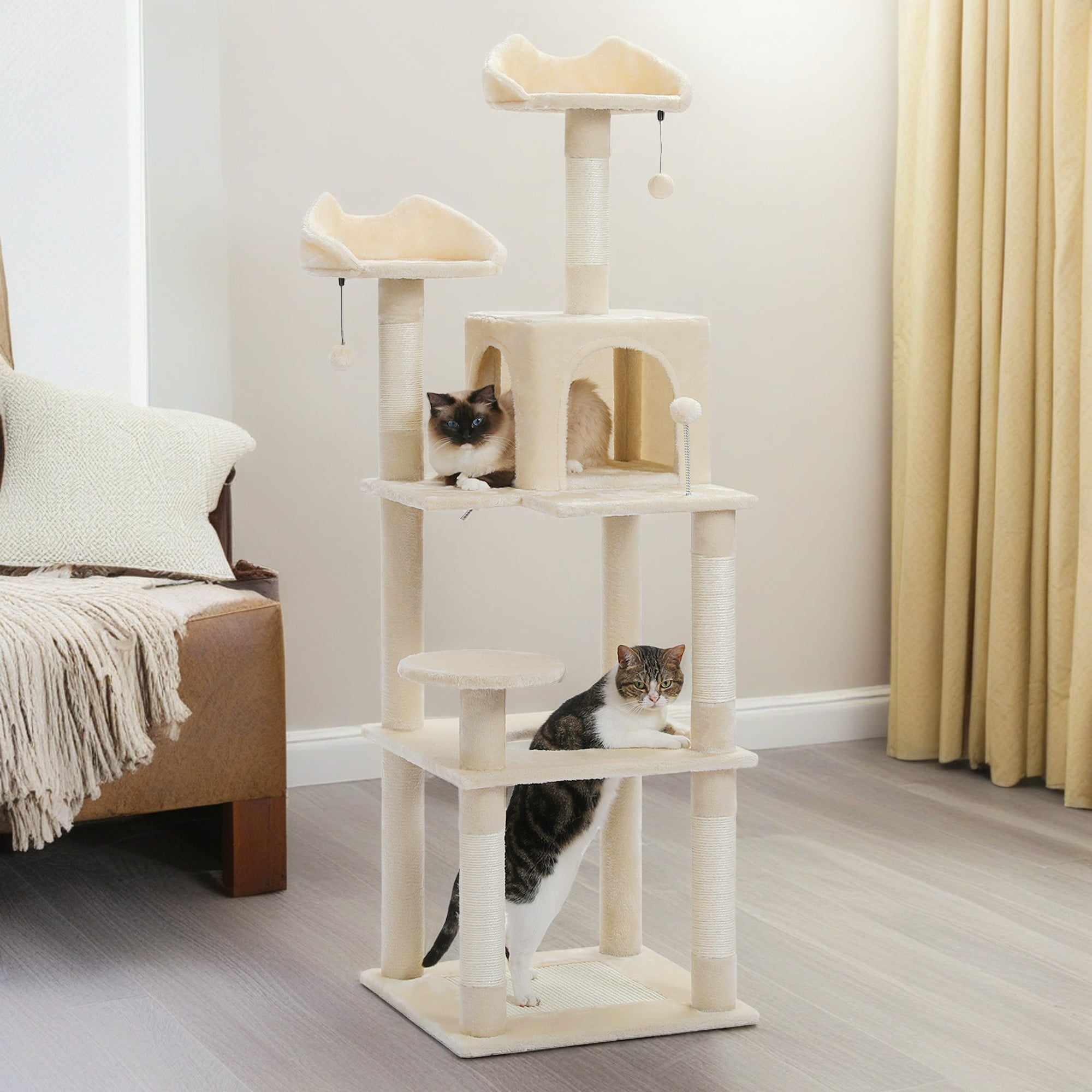 resenkos 57" 4 Levels Platform Cat Tree House, Cat Condo for Large Cats with Fully Scratching Posts, Cat Tower for Indoor, Beige