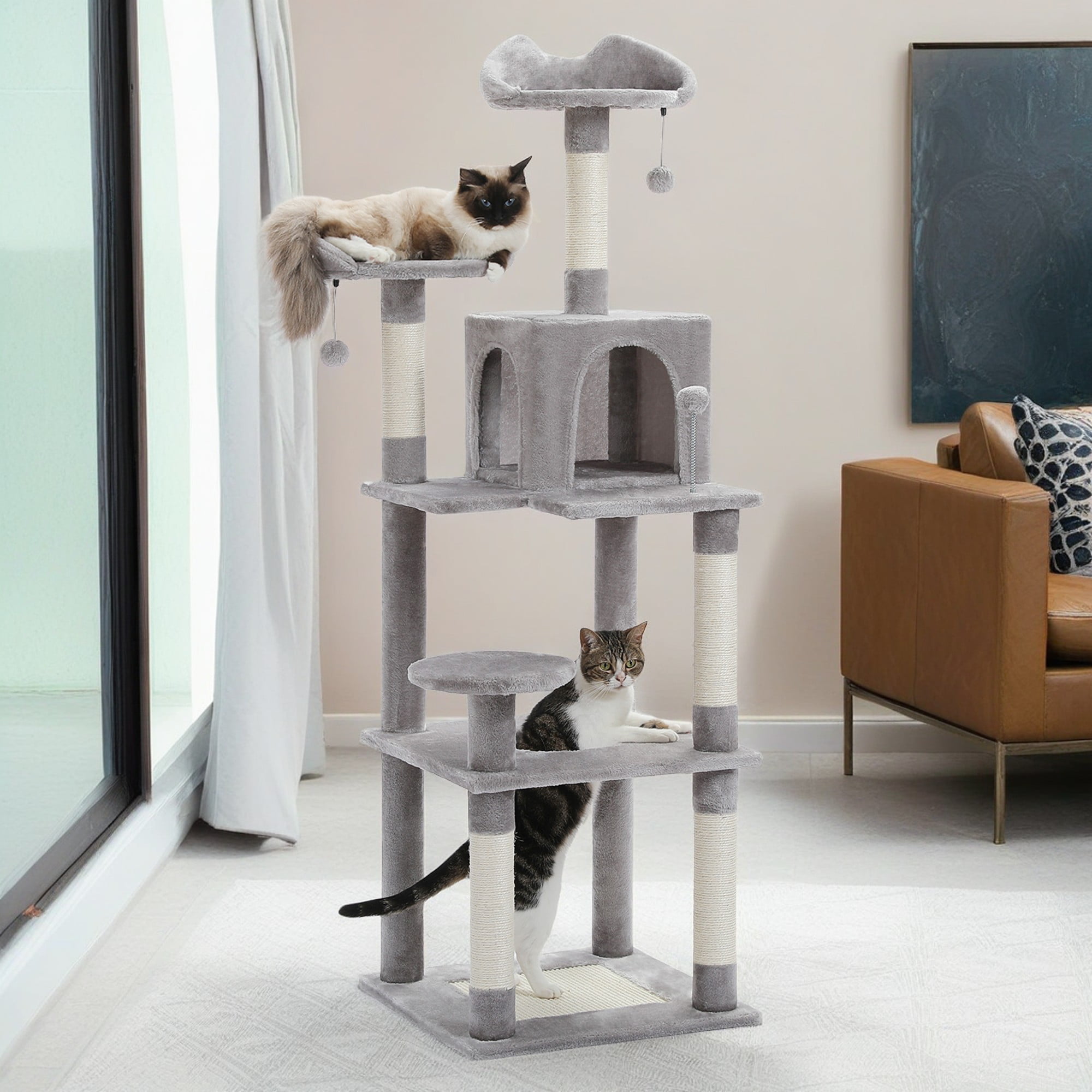 Kadyn 57" 4 Levels Platform Cat Tree House, Cat Condo for Large Cats with Fully Scratching Posts, Cat Tower for Indoor, Gray