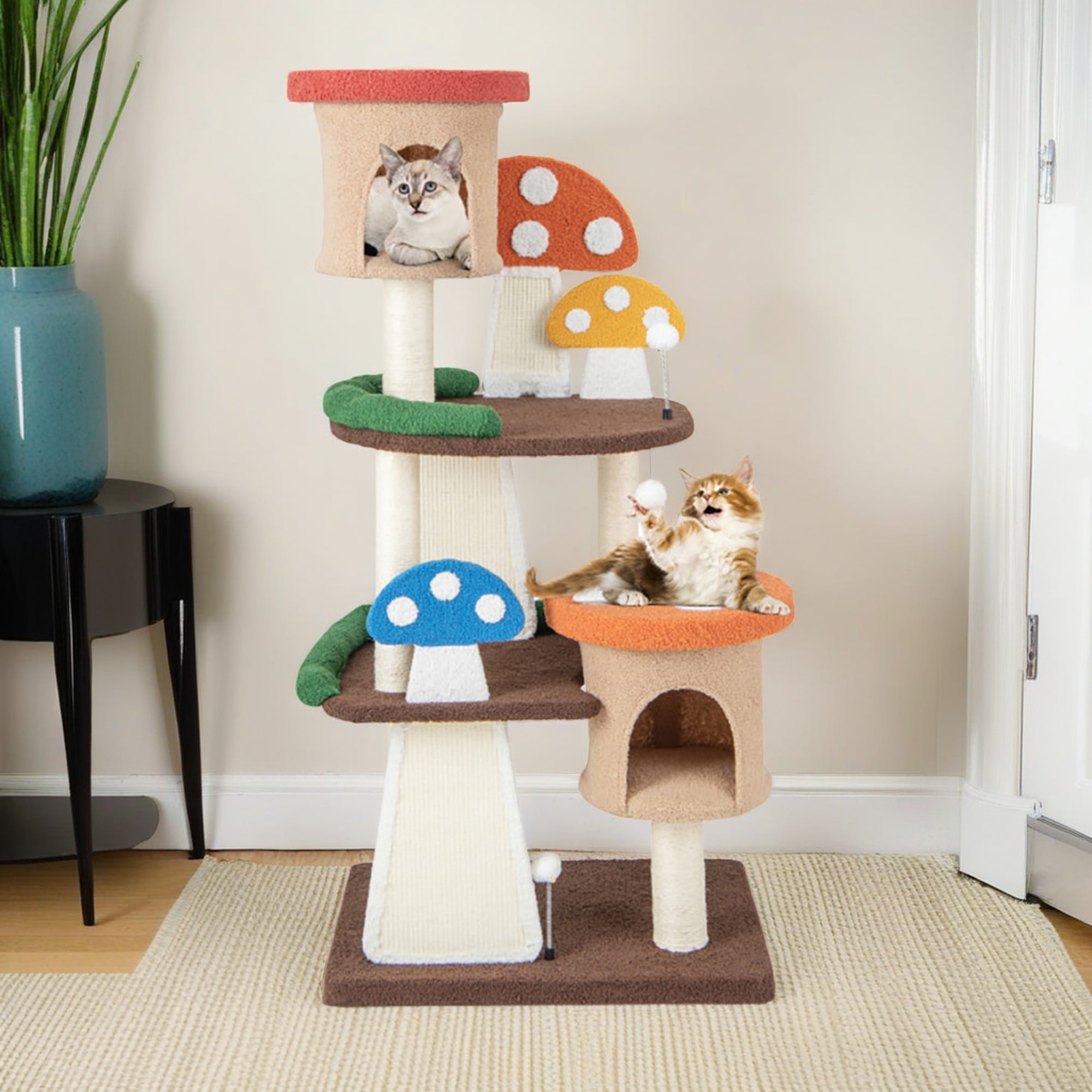 resenkos 57" Cat Tree House, Small Cat Condo with Sisal Scratching Post, Mushroom Cat Tower, Multicolor