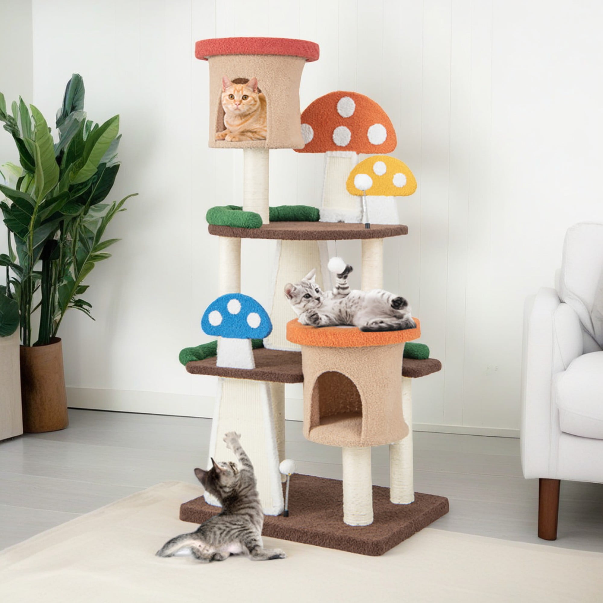 Kadyn 57" Cat Tree Tower with Sisal-Covered Scratching Post, 4-In-1 Mushroom Cat Condo with Padded Perch, for Small Spaces, Kittens, Multicolor