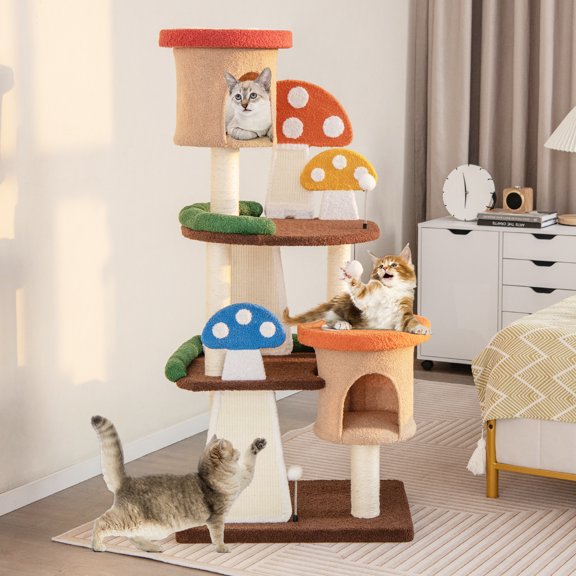 Demi Bonn 57" Cat Tree Tower with Sisal-Covered Scratching Post, 4-In-1 Mushroom Cat Condo with Padded Perch, for Small Spaces, Kittens, Multicolor
