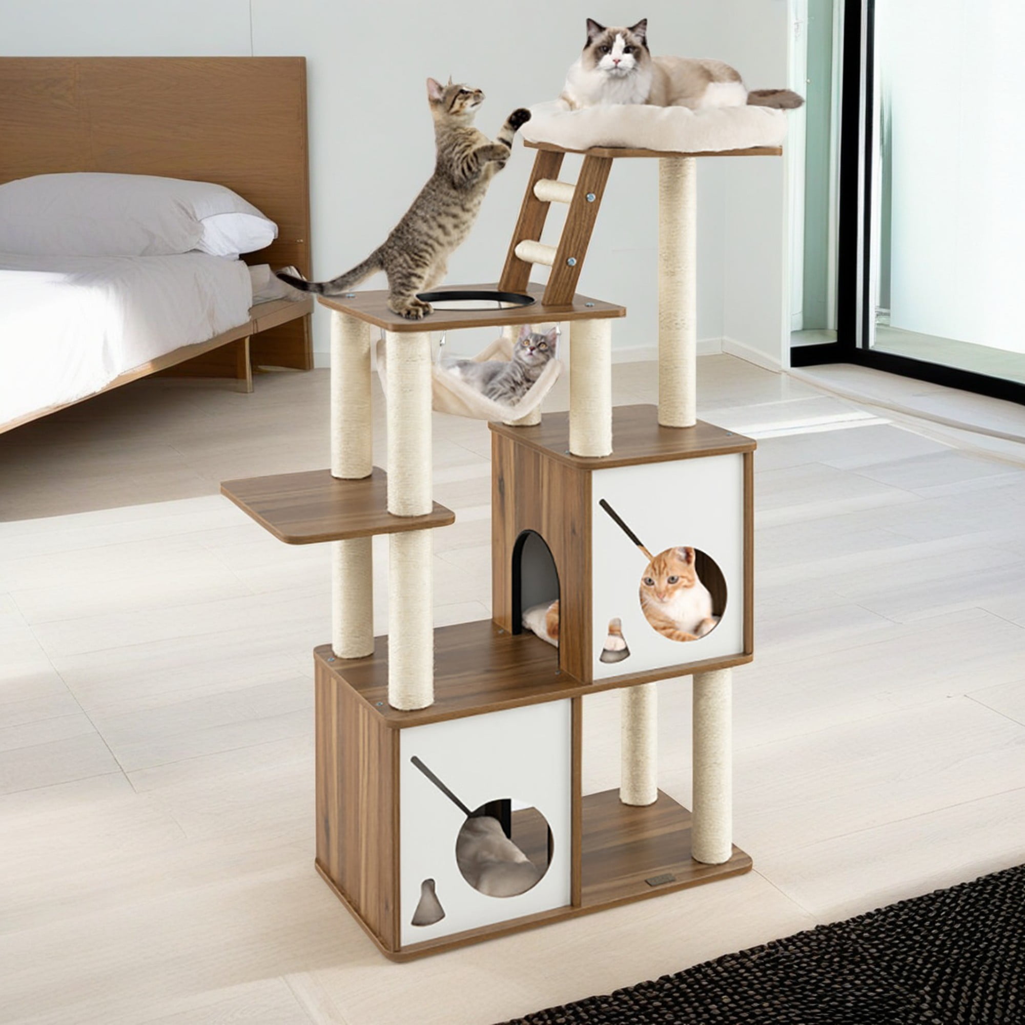 resenkos 57" Large Wooden Cat Tree Tower with Double Condos, Large Perch, Soft Hammock and Totally Wrapped Sisal Posts, Brown