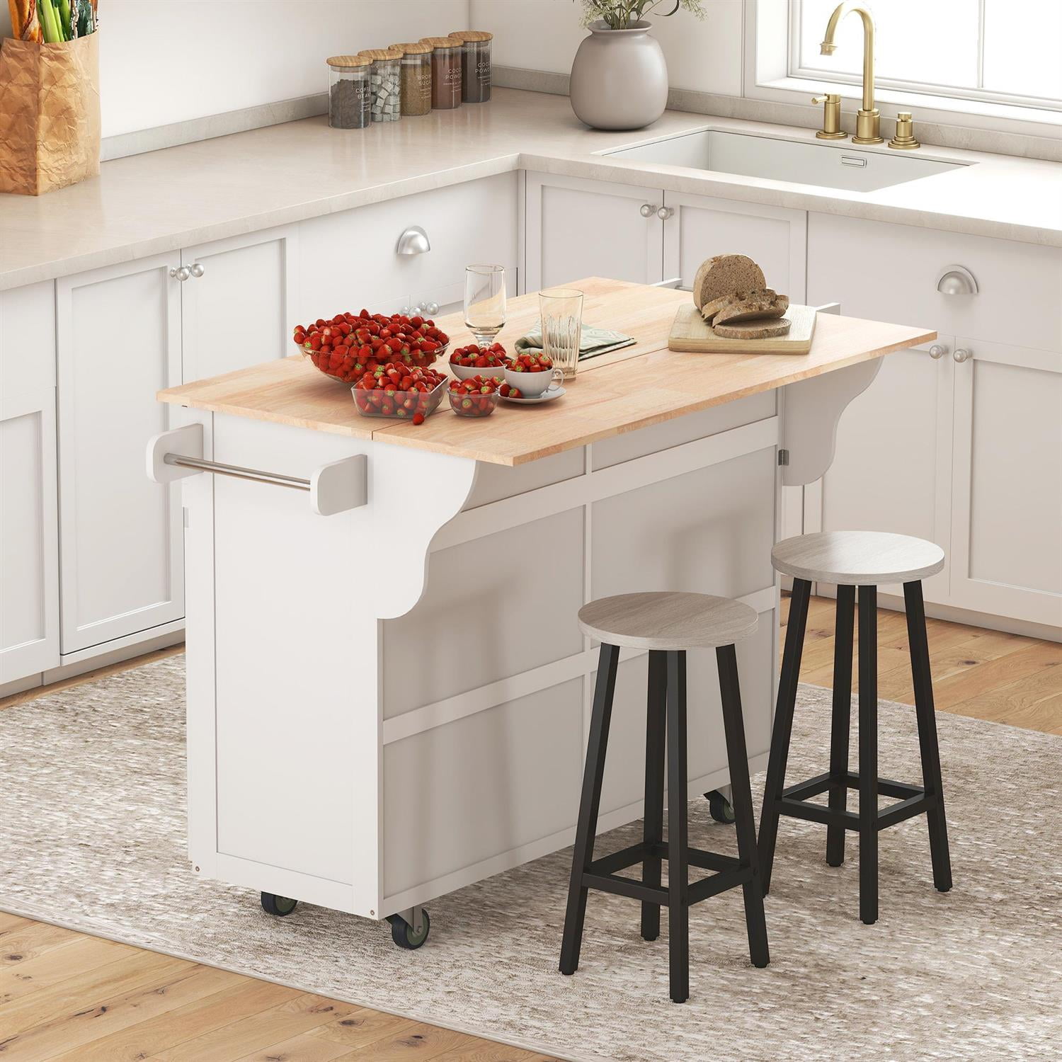 Demi Bonn 57" Mobile Kitchen Island Workstation with Drop Leaf & Wood Top, 2 Drawers & 2 Cabinets, Multi-Functional Table for Kitchen & Dining, White