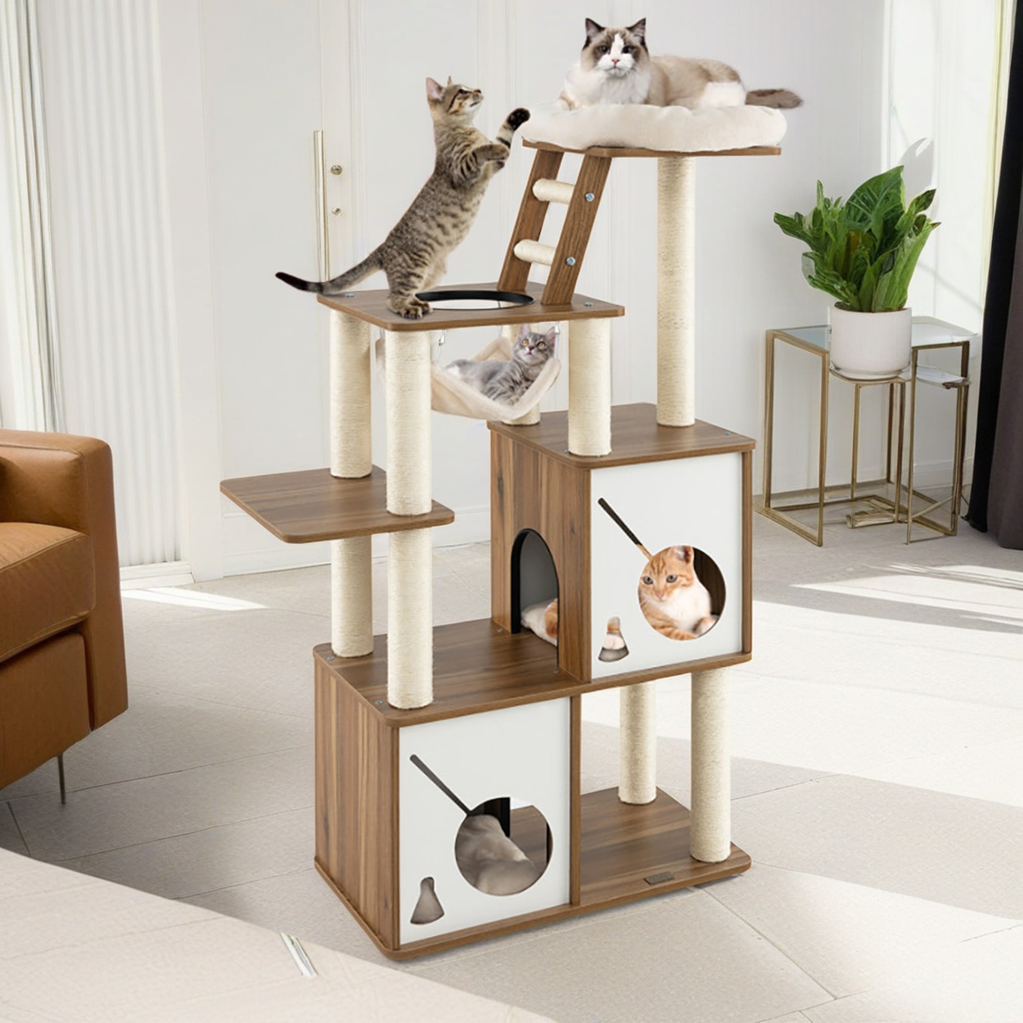 resenkos 57" Modern Cat Tree Tower for Indoor Cats, Multi-Level Cat Condo with Scratching Posts, Perch, Washable Removable Cushions, Cat Furniture, Brown