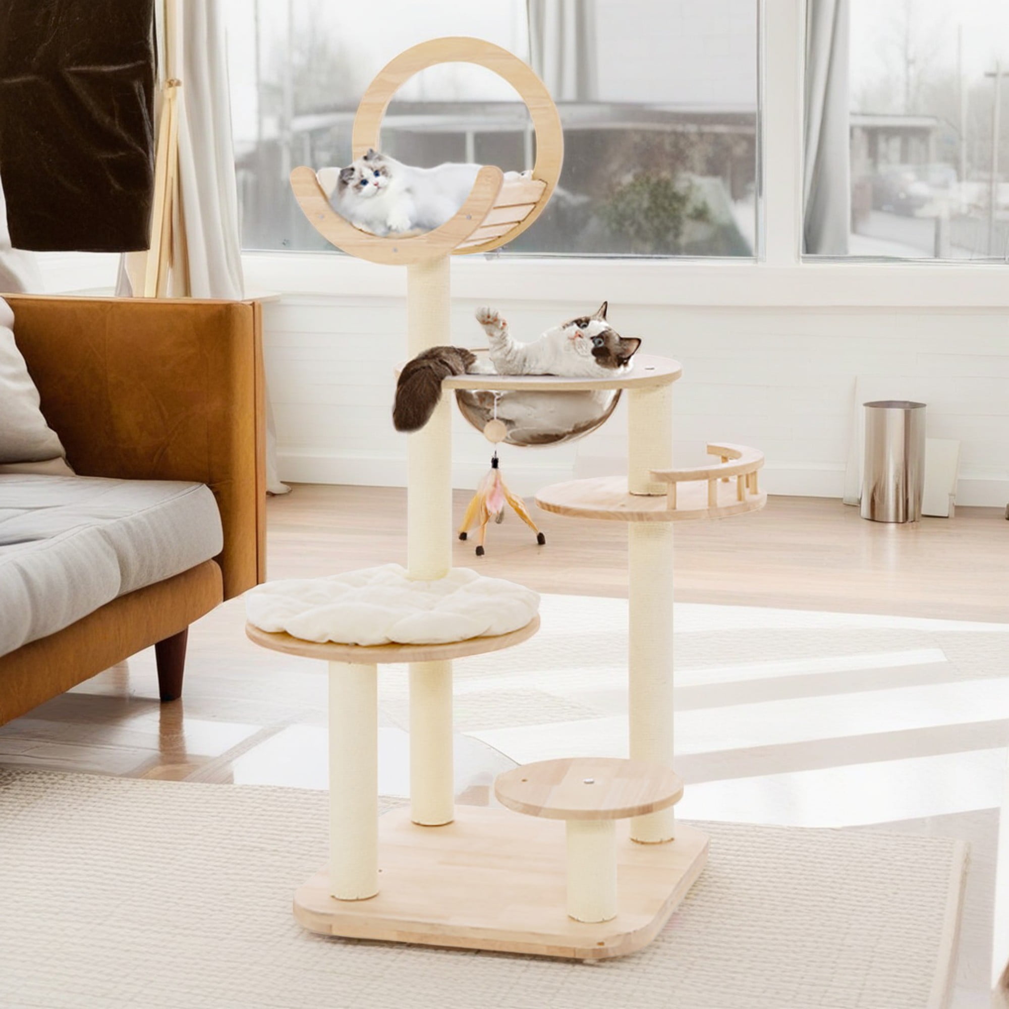 Kadyn 57" Modern Cat Tree Tower for Indoor Cats, 4-in-1 Large Wood Cat Condo with Scratching Post and Removable Pads for Small Large Cats, Beige