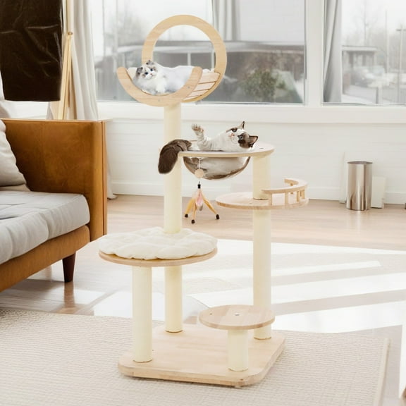 Demi Bonn 57" Modern Cat Tree Tower for Indoor Cats, 4-in-1 Large Wood Cat Condo with Scratching Post and Removable Pads for Small Large Cats, Beige