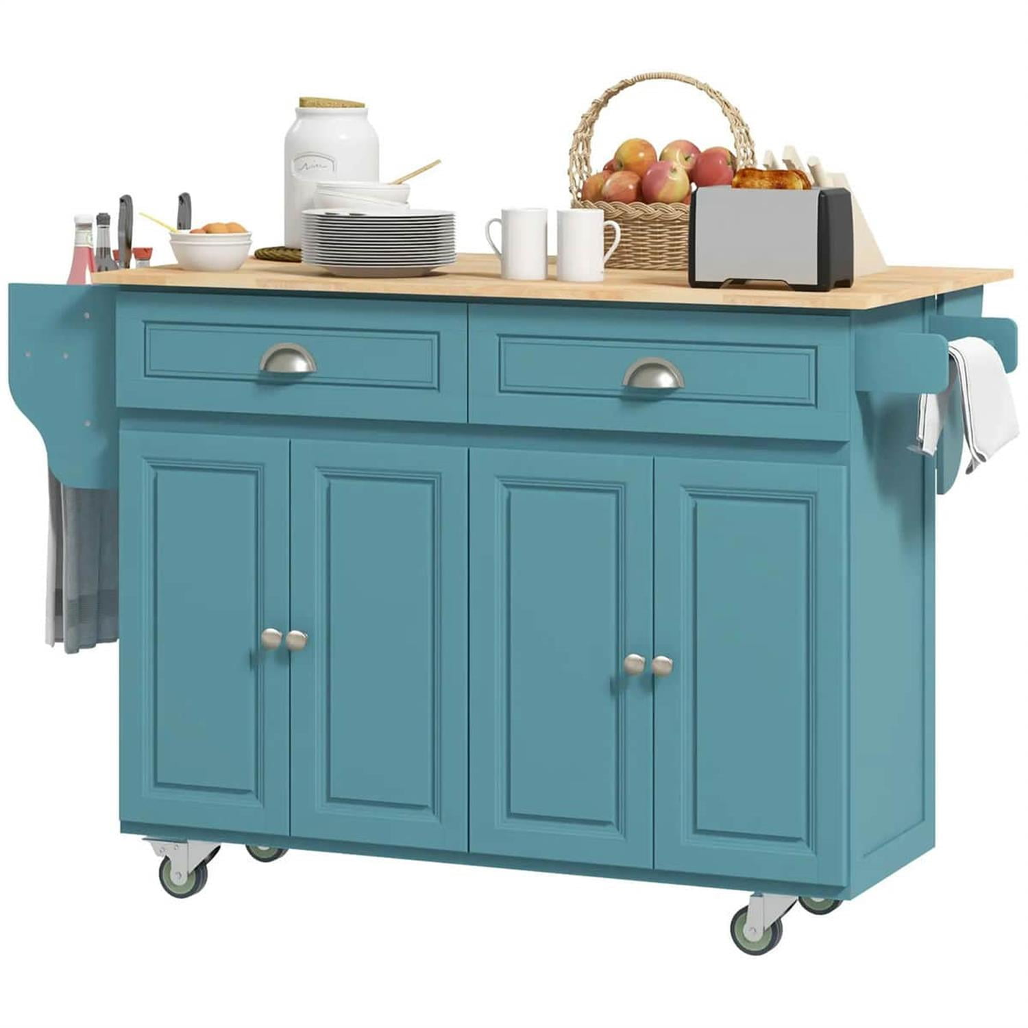 Demi Bonn 57" Rolling Kitchen Island with Drop Leaf, Mobile Cart in Rubber Wood, 2 Drawers & 2 Cabinets, Island Table for Kitchen & Dining, Blue