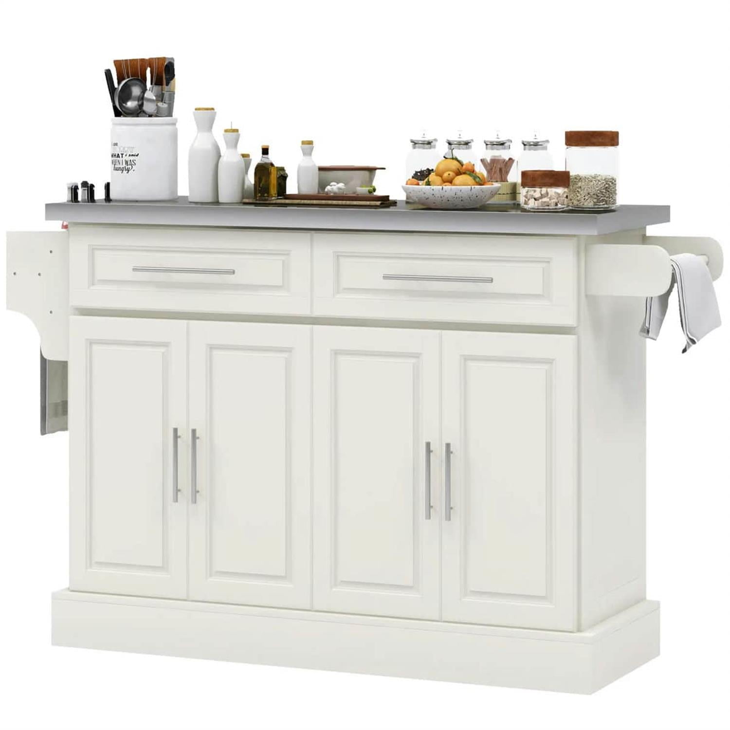 Demi Bonn 57" Rolling Kitchen Island with Stainless Steel Top, 2-Drawer Storage, Spice & Knife Rack, Mobile Island Cart for Cooking & Dining, White
