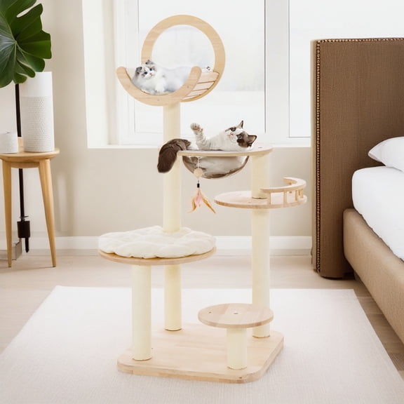 Demi Bonn 57" Wood Cat Tree Tower for Indoor Cats, Multi-Level Cat Condo with Scratching Posts, Perch, Washable Removable Cushions, 4-in-1 Cat Furniture, Beige