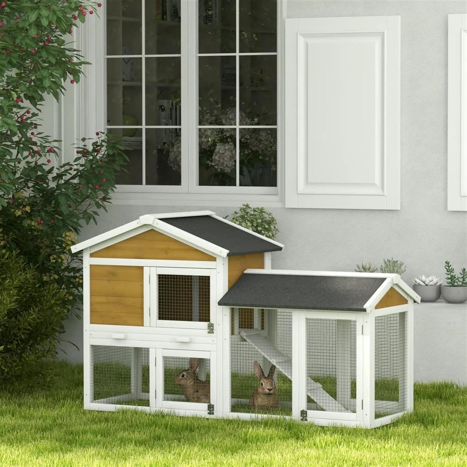 Kadyn 58" 2-tier Wooden Rabbit Hutch with Slide-out Tray, Outdoor Small Animal Habitat Chicken Coop Bunny Cage for Bunnies, Guinea Pigs, Brown