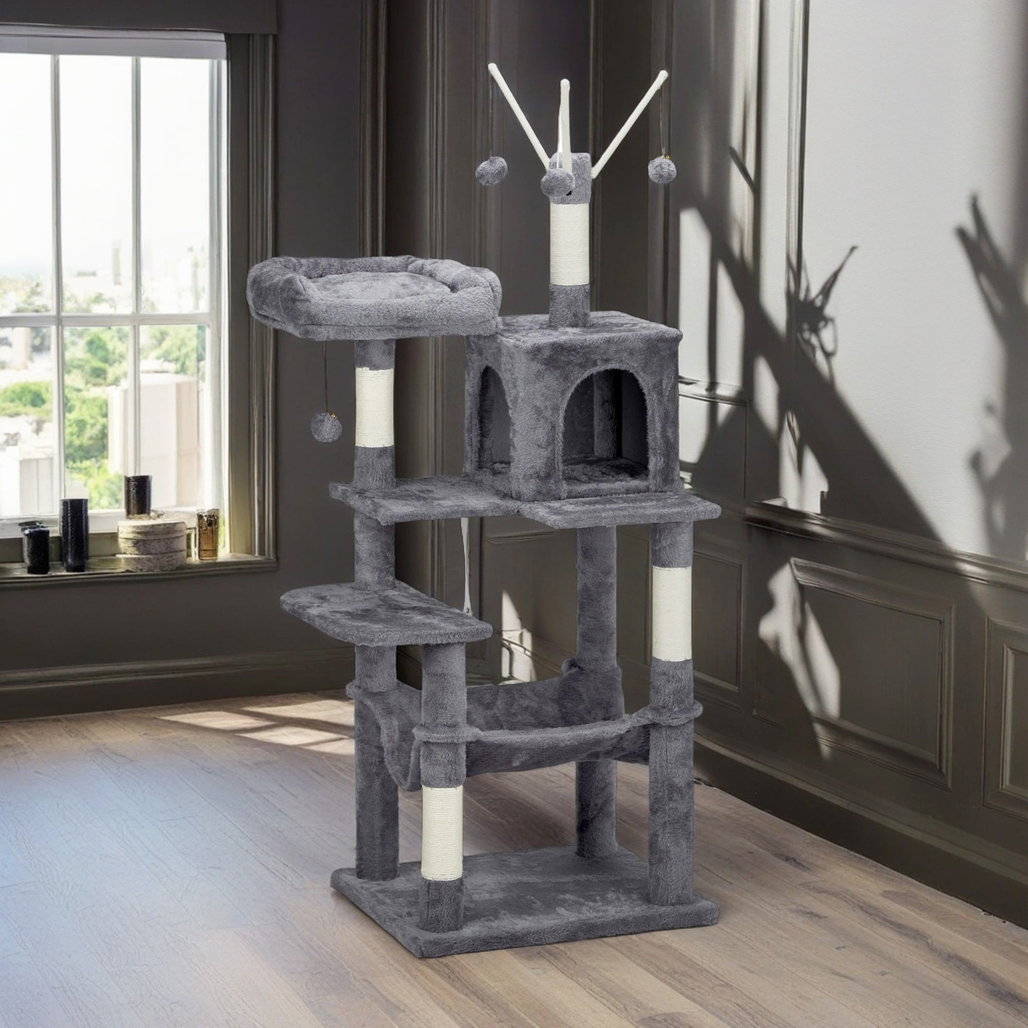 Kadyn 58" Cat Tree Tower for Indoor Cats, Cat House with Padded Platform Bed, Toy Balls, Large Cozy Condo, Hammocks and Sisal Scratching Posts, Dark Gray