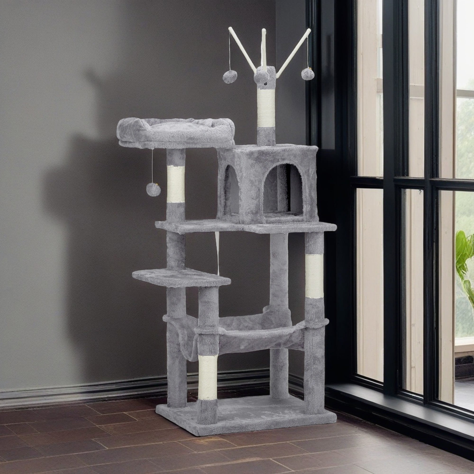 Kadyn 58" Cat Tree Tower for Indoor Cats, Cat House with Padded Platform Bed, Toy Balls, Large Cozy Condo, Hammocks and Sisal Scratching Posts, Light Gray