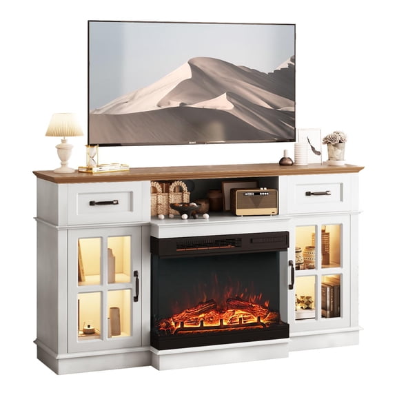 Demi Bonn 58 - Inch Black Gold Oak Fireplace TV Stand -25- inch insert, elegant checkered glass side panels, adjustable flame effects, holds up to 58 - inch TVs, Black Gold Oak.