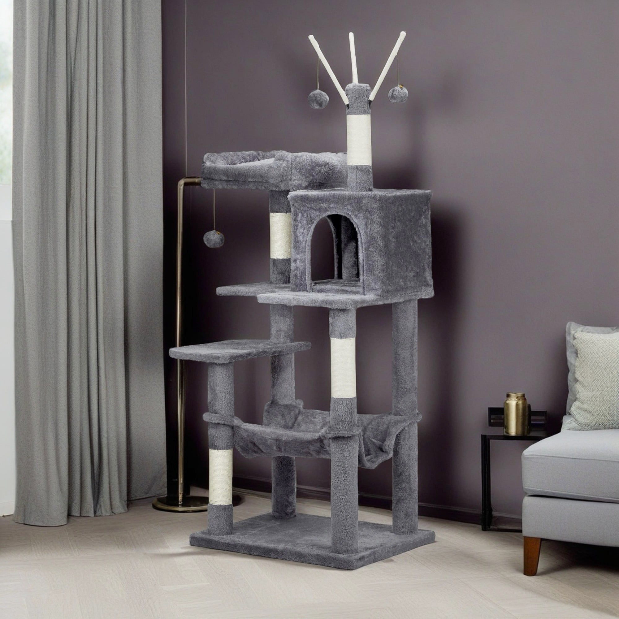 resenkos 58" Large Cat Tree Tower, Cat Tree House for Indoor Cats with Padded Platform Bed, Toy Balls, Cozy Condo and Sisal Scratching Posts, Dark Gray