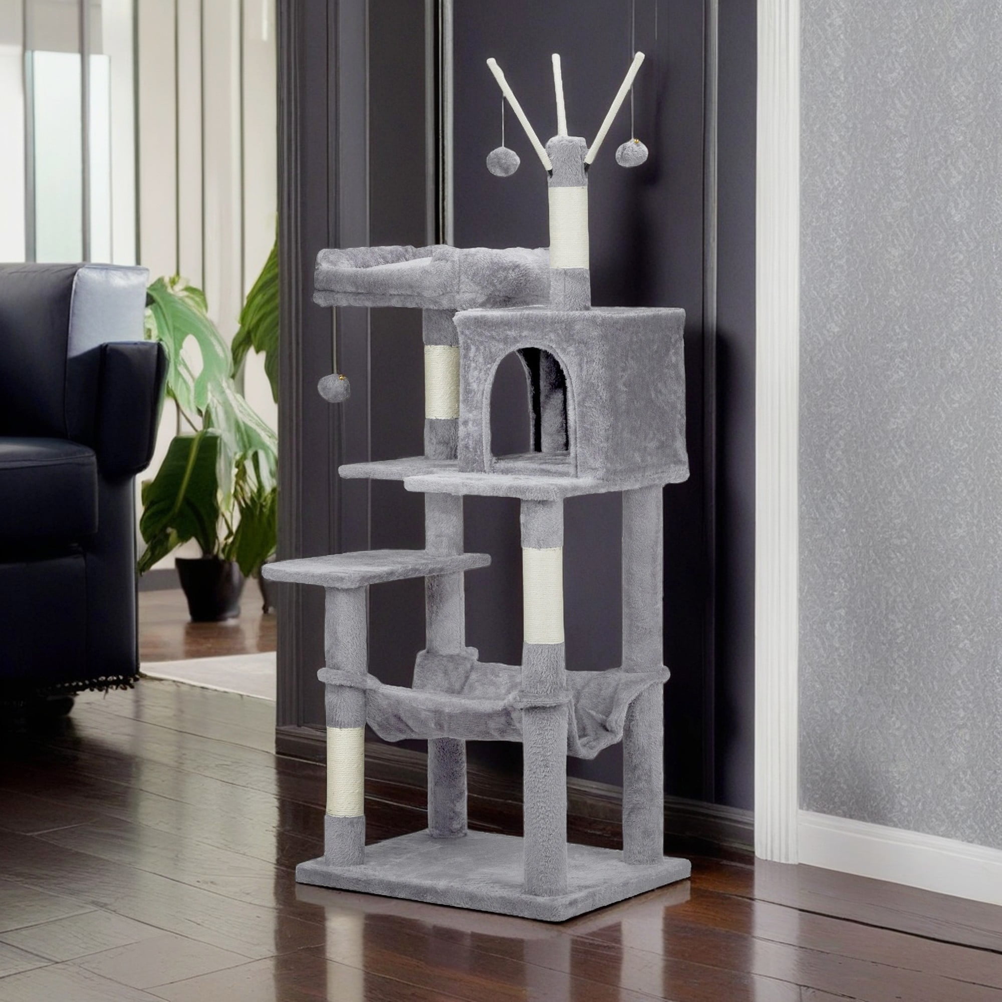 resenkos 58" Large Cat Tree Tower, Cat Tree House for Indoor Cats with Padded Platform Bed, Toy Balls, Cozy Condo and Sisal Scratching Posts, Light Gray