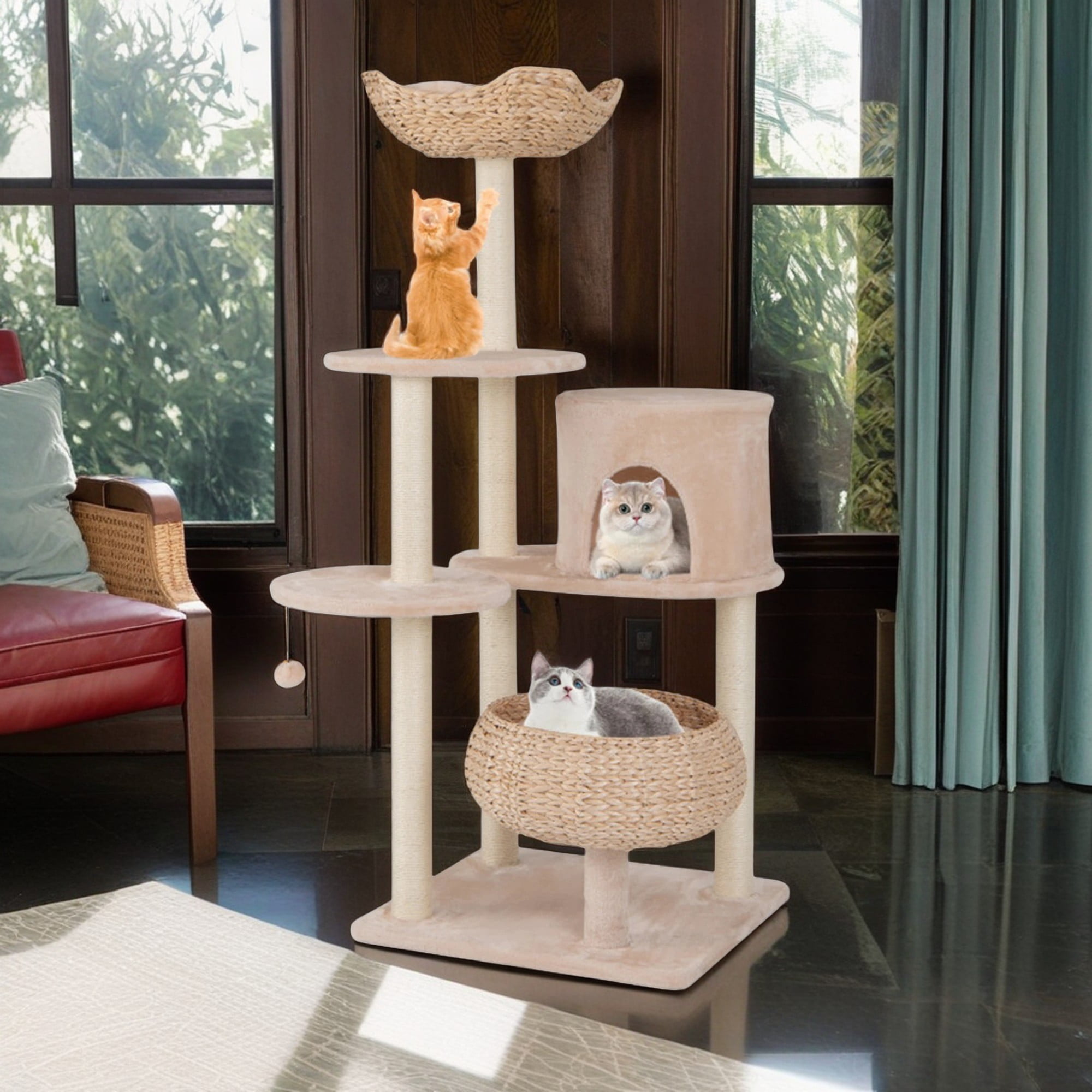 resenkos 58" Modern Cat Tree Tower for Indoor Cats w/Natural Sisal Scratching Posts, Hand-Woven Condo and Top Perch, Cat Tree House for Kittens Climb Play, Beige