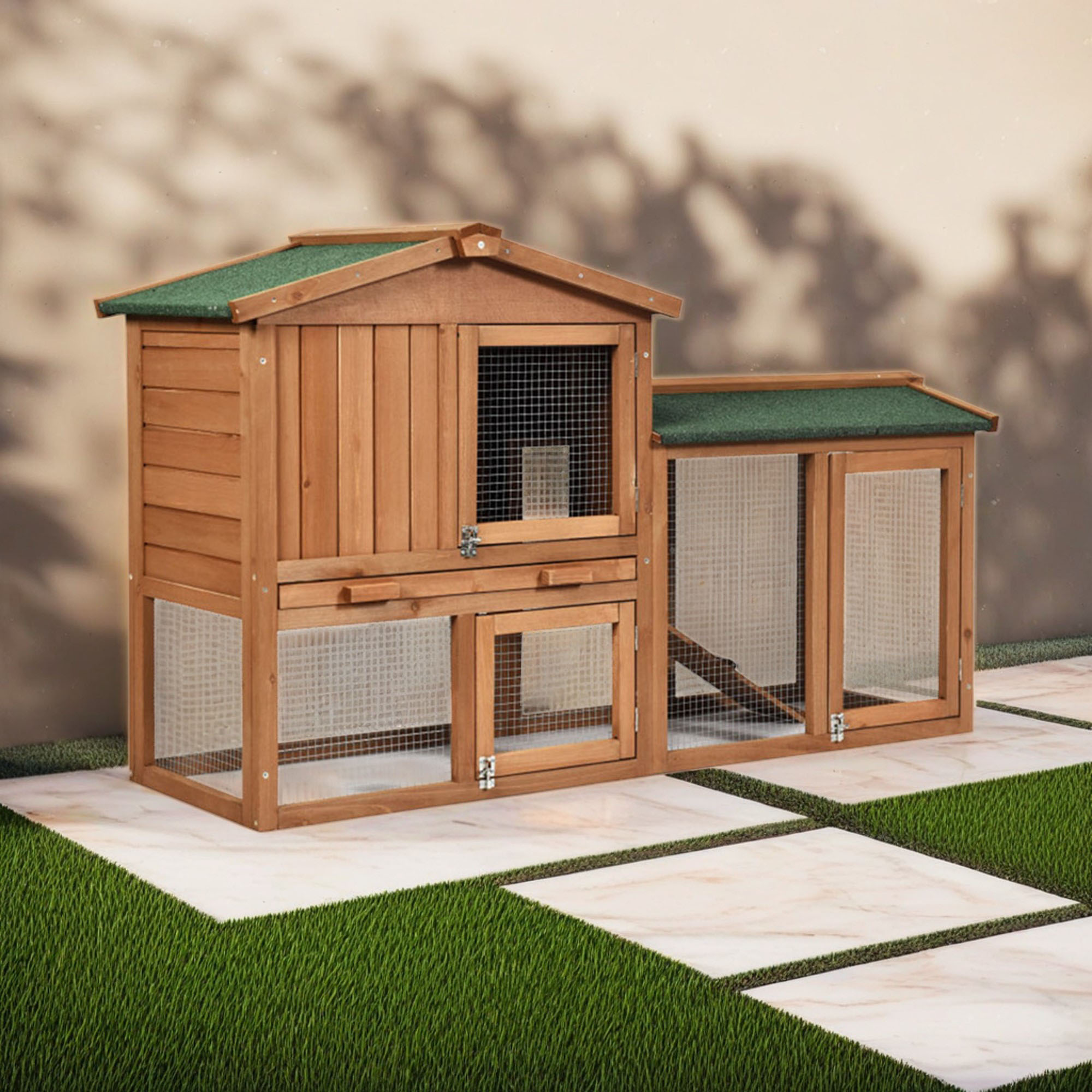 Kadyn 58" Wood Bunny Cage, 2 Layers Outdoor Rabbit Hutch, Pet Cage Chicken Coops with Run, Orange