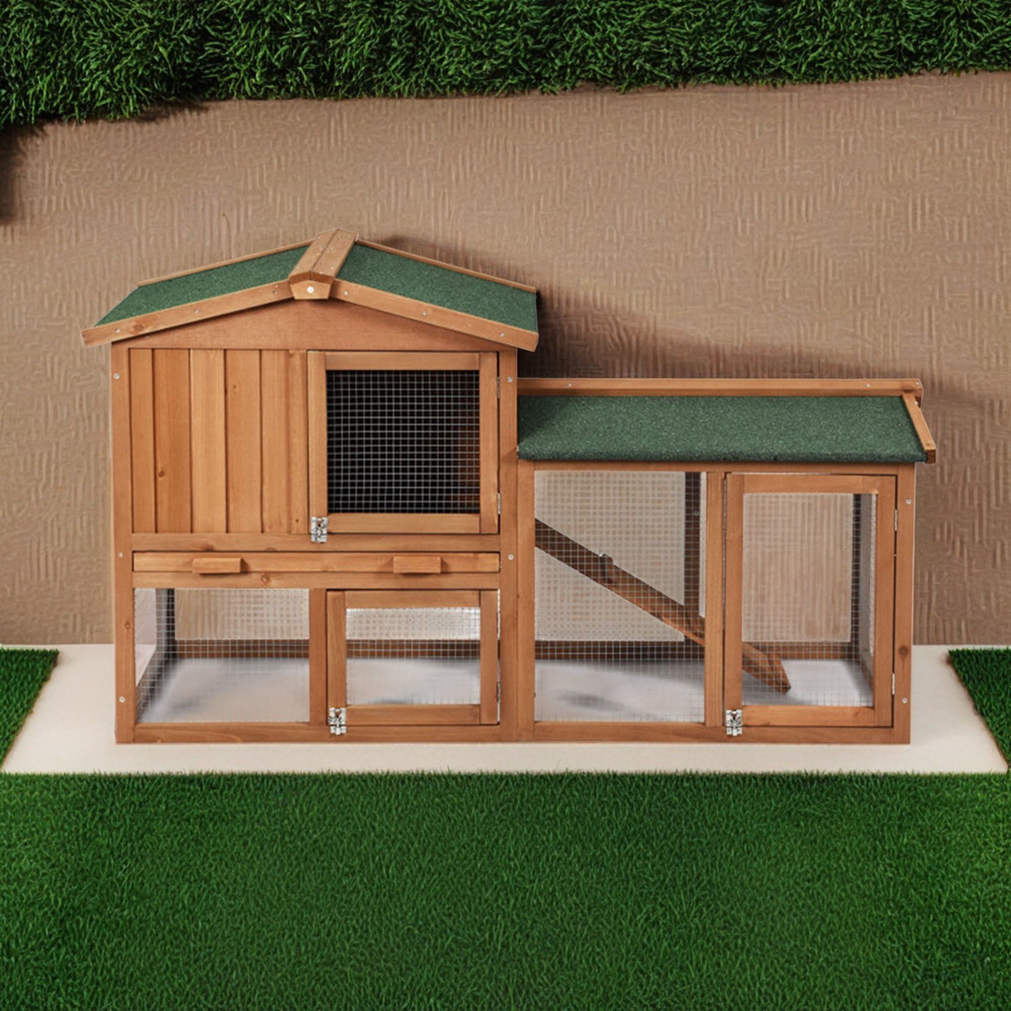 Kadyn 58" Wood Rabbit Hutch with Run, Chicken Coops for 2 Hen, Bunny Cage, Guinea Pig Hutch, Orange
