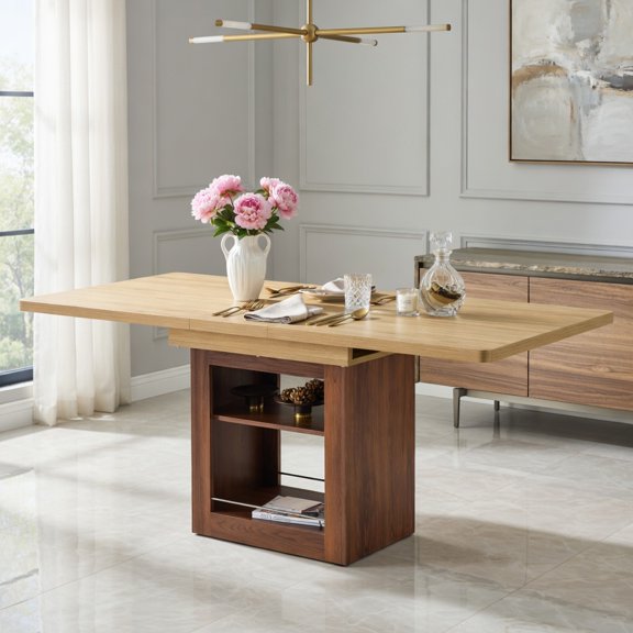 Demi Bonn 59" to 71" Expandable Dining Table with Storage, Rectangular Pull-Out Table for 4-8 People, MDF Construction, Modern Space-Saving Kitchen Table, Brown