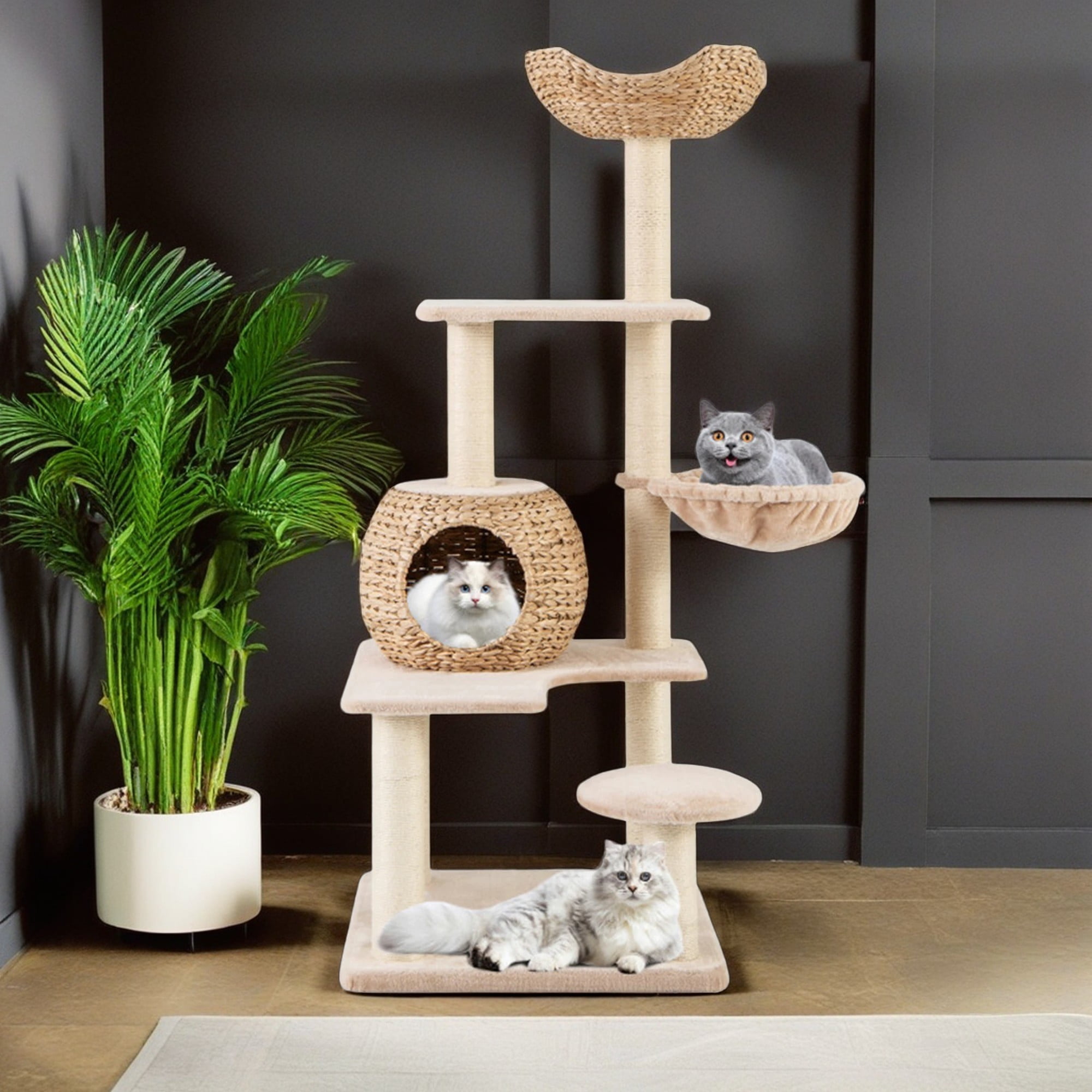 Kadyn 59" Cat Tree Tower for Indoor Cats, Cat Condo for Large Cats, Modern Cat Tree House Manual Hand Woven with Sisal, Cat Scratching Post, Beige