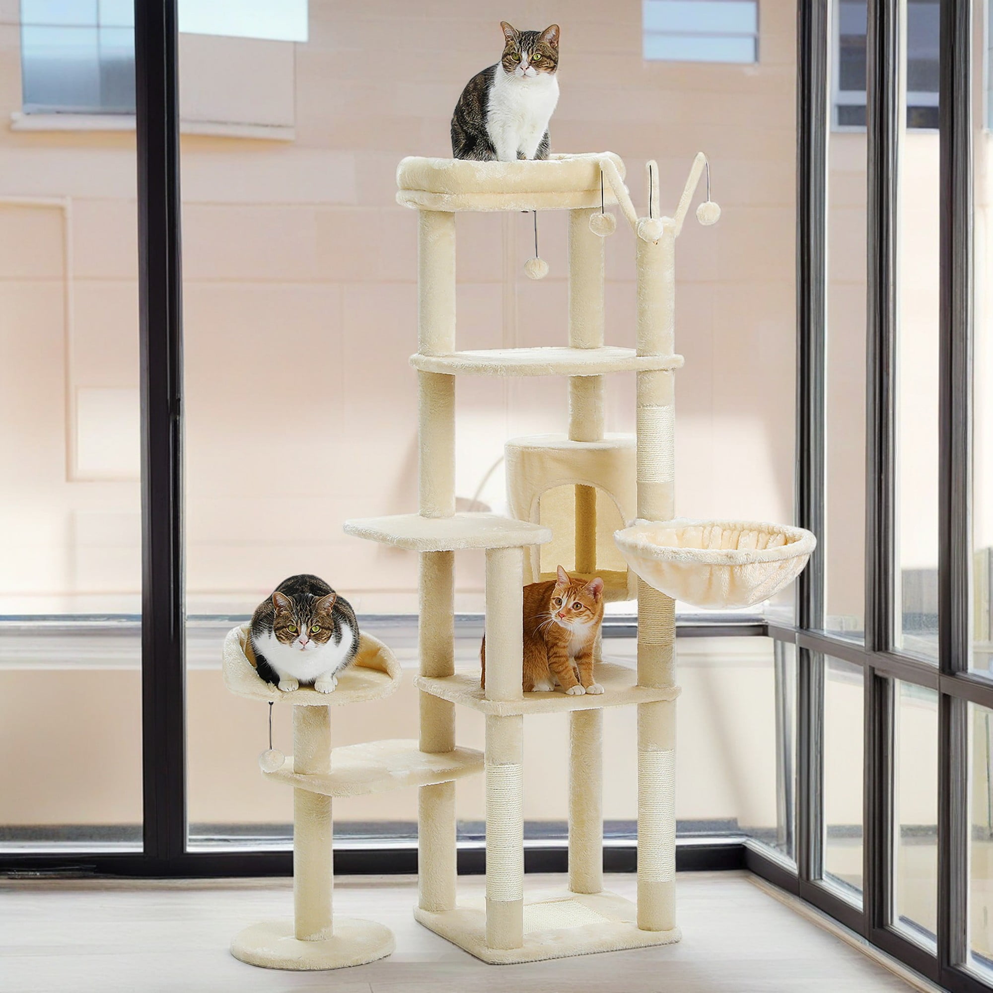 Kadyn 59" Cat Tree Tower for Indoor Cats, Multi-Level Cat Condo with 3 Removable Pompom Sticks, Cat Tree House with Hammock, Scratching Post, and 2 Perches, Beige