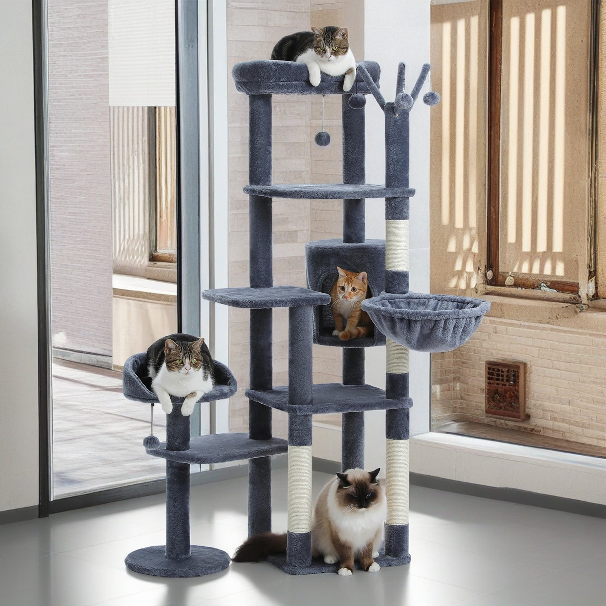 Kadyn 59" Cat Tree Tower for Indoor Cats, Multi-Level Cat Condo with 3 Removable Pompom Sticks, Cat Tree House with Hammock, Scratching Post, and 2 Perches, Dark Gray
