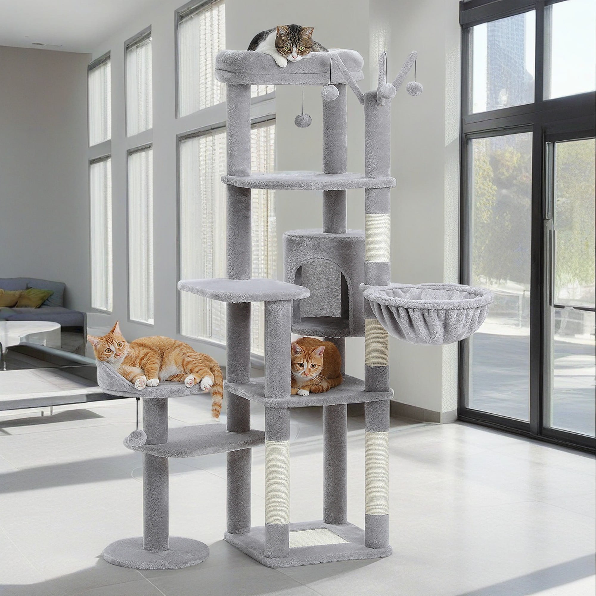 Kadyn 59" Cat Tree Tower for Indoor Cats, Multi-Level Cat Condo with 3 Removable Pompom Sticks, Cat Tree House with Hammock, Scratching Post, and 2 Perches, Gray